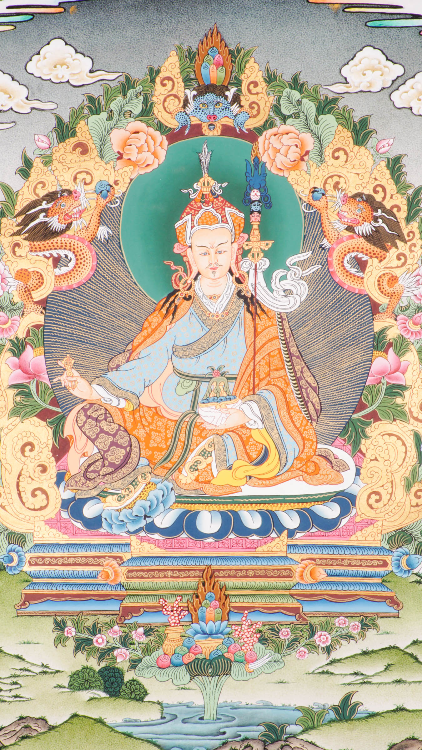 Guru Rinpoche Thangka is a sacred Tibetan Buddhist painting that honors Padmasambhava, the enlightened master known for introducing Buddhism to Tibet and removing obstacles with wisdom and compassion. Hand-painted with natural mineral pigments, this thangka brings blessings of protection, spiritual power, and peace to any meditation or sacred space.