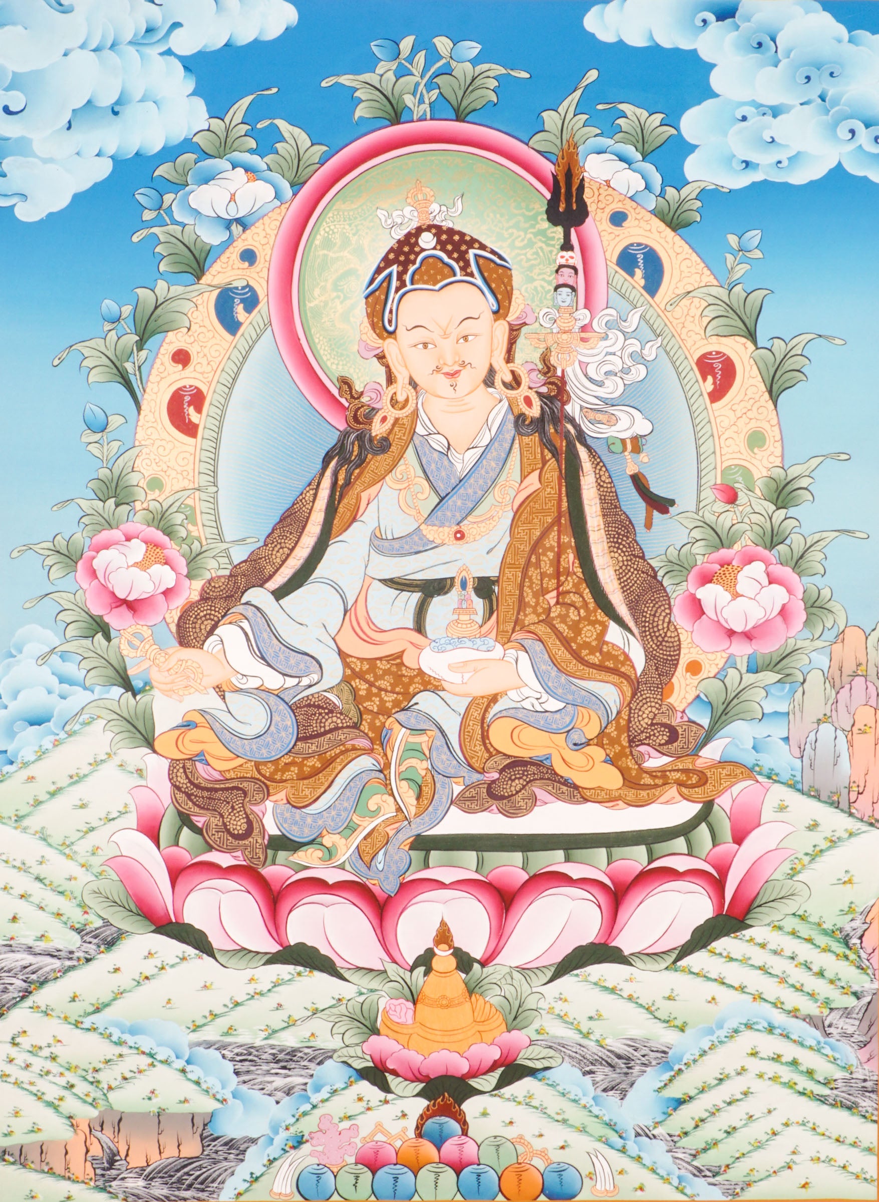 Guru Rinpoche Thangka is a Tibetan Buddhist painting of Padmasambhava, revered as the Second Buddha and a symbol of spiritual power and protection. This hand-painted thangka enhances meditation, brings blessings, and deepens your connection to Dharma teachings. 