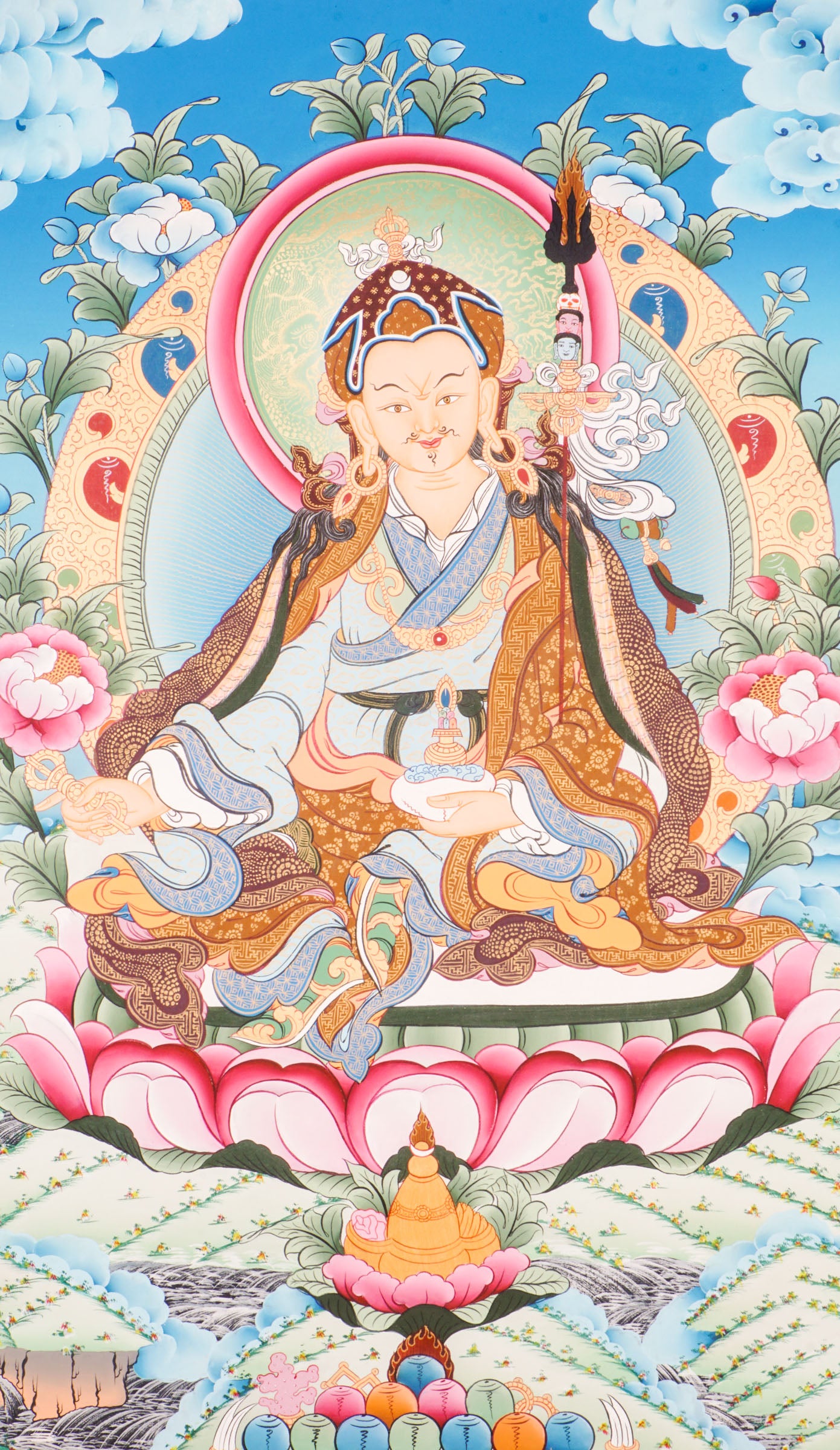 Guru Rinpoche Thangka is a Tibetan Buddhist painting of Padmasambhava, revered as the Second Buddha and a symbol of spiritual power and protection. This hand-painted thangka enhances meditation, brings blessings, and deepens your connection to Dharma teachings.