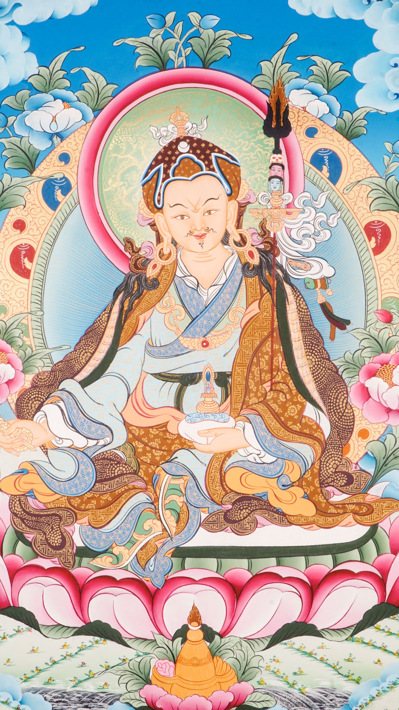 Guru Rinpoche Thangka is a Tibetan Buddhist painting of Padmasambhava, revered as the Second Buddha and a symbol of spiritual power and protection. This hand-painted thangka enhances meditation, brings blessings, and deepens your connection to Dharma teachings. 
