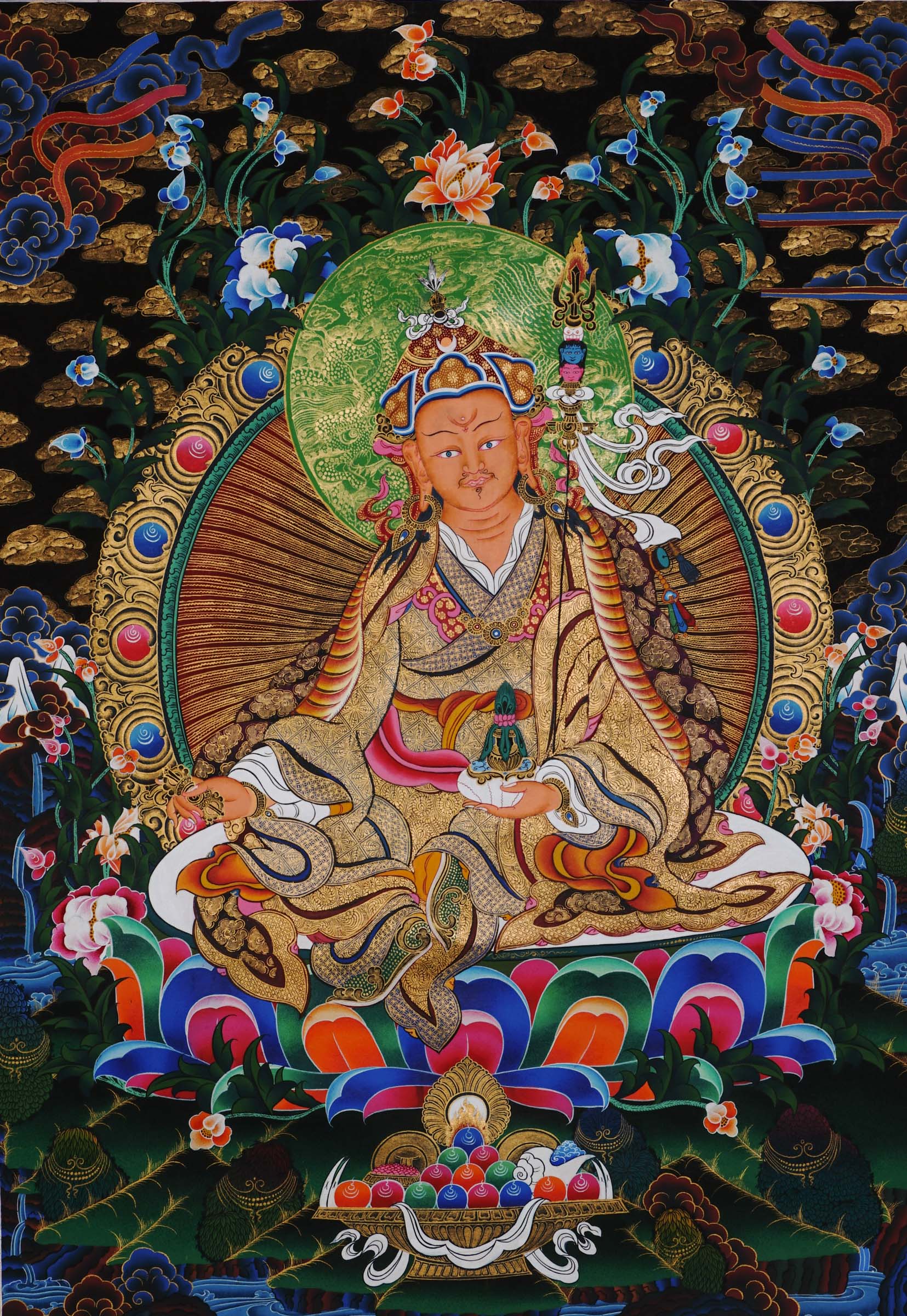 Guru Rinpoche Thangka with 24k gold, representing wisdom and blessings.
