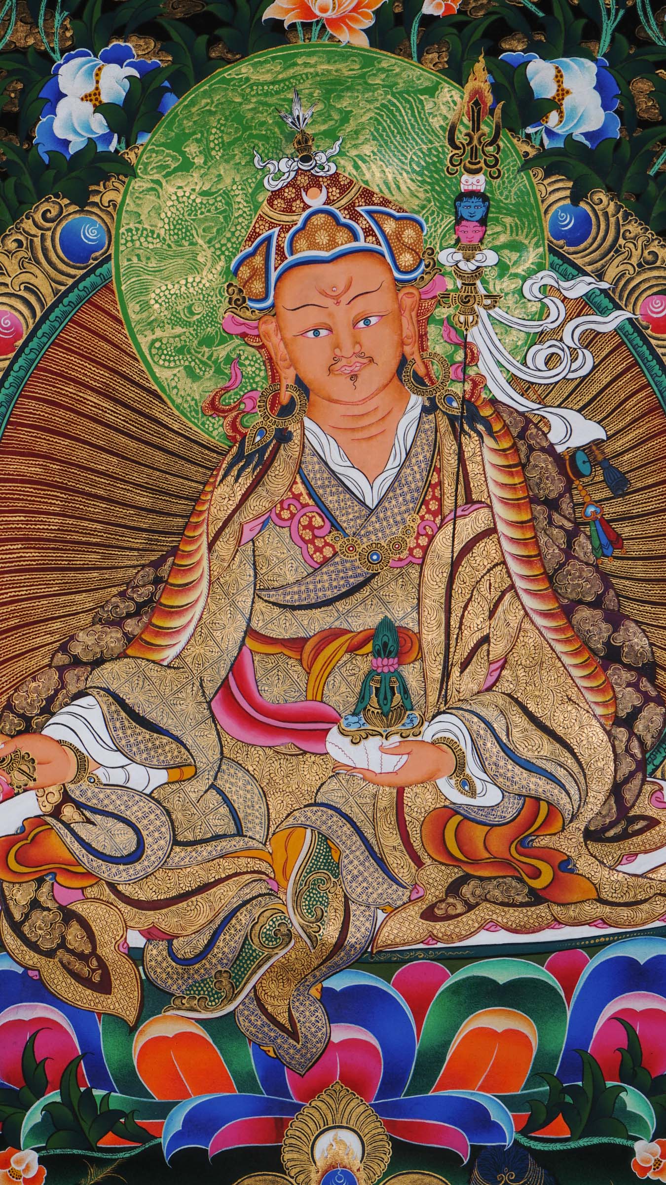 Guru Rinpoche Thangka with 24k gold, representing wisdom and blessings.
