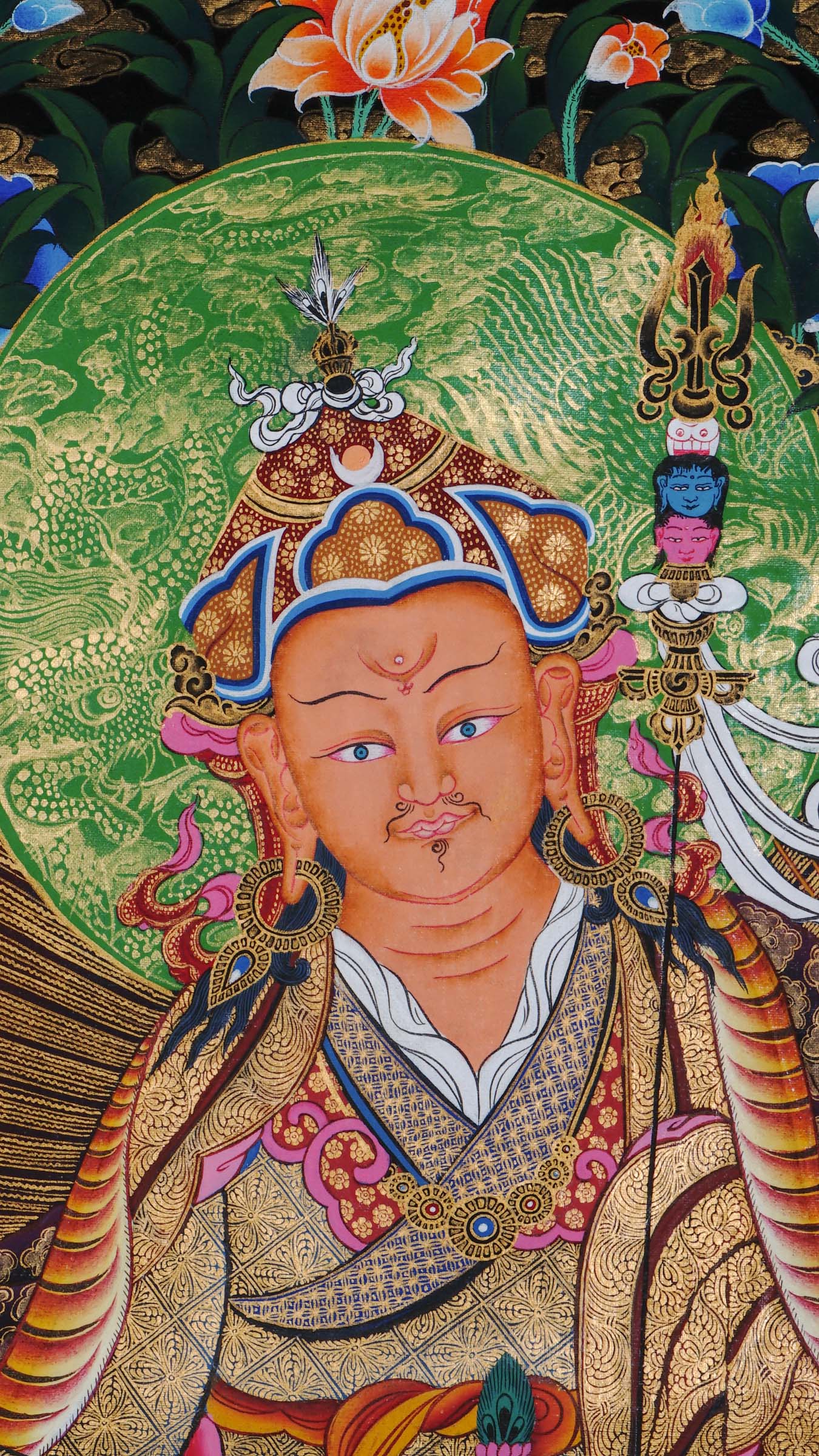 Guru Rinpoche Thangka with 24k gold, representing wisdom and blessings.
