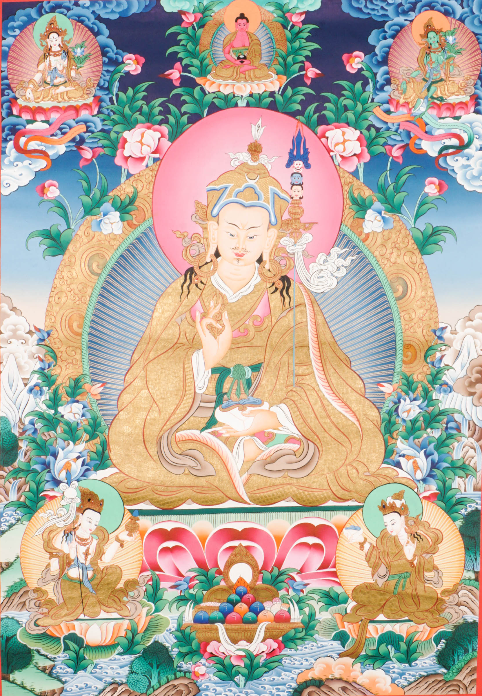 Guru Rinpoche, or Padmasambhava, is a highly revered figure in Tibetan Buddhism, known as the "Second Buddha." He brought Vajrayana Buddhism to Tibet and is celebrated for his wisdom, teachings, and ability to overcome obstacles. 