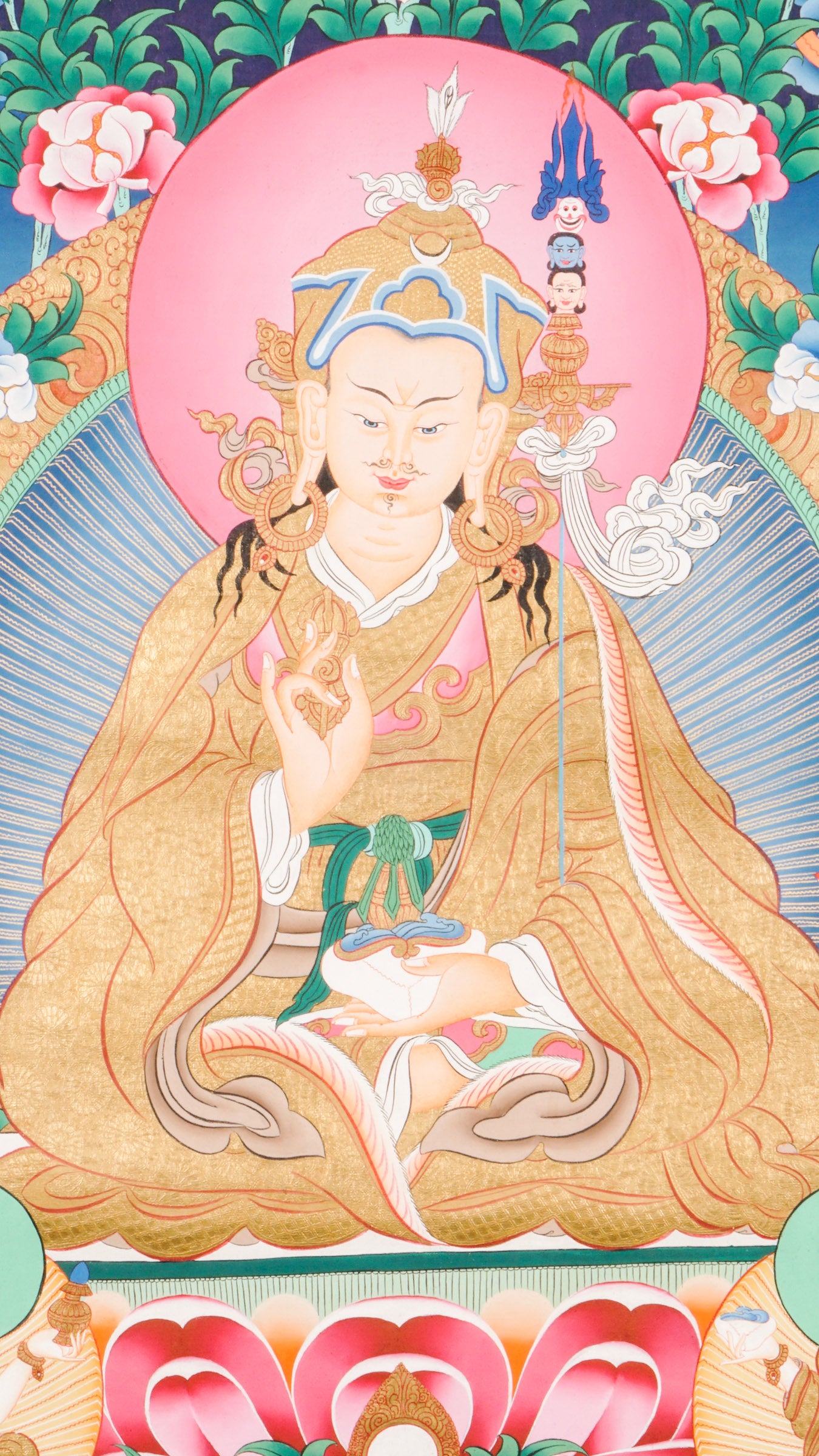 Guru Rinpoche, or Padmasambhava, is a highly revered figure in Tibetan Buddhism, known as the "Second Buddha." He brought Vajrayana Buddhism to Tibet and is celebrated for his wisdom, teachings, and ability to overcome obstacles. 