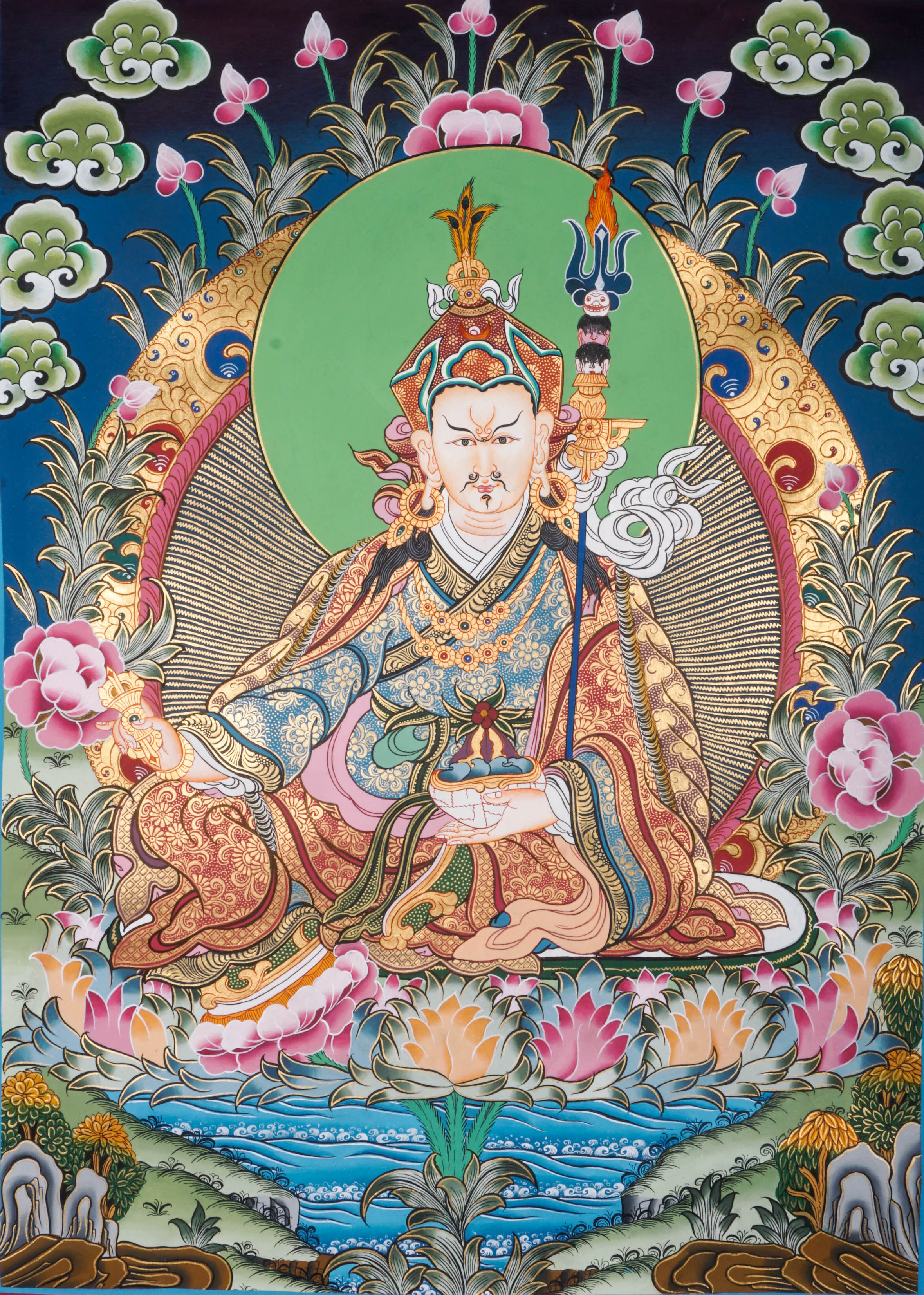 Sacred Thangka art of Guru Padmasambhava from the Nyingma lineage, depicted with vajra resting on his lap. A peaceful yet powerful image symbolizing wisdom, stability, and enlightened transmission. Perfect for meditation and devotional spaces.