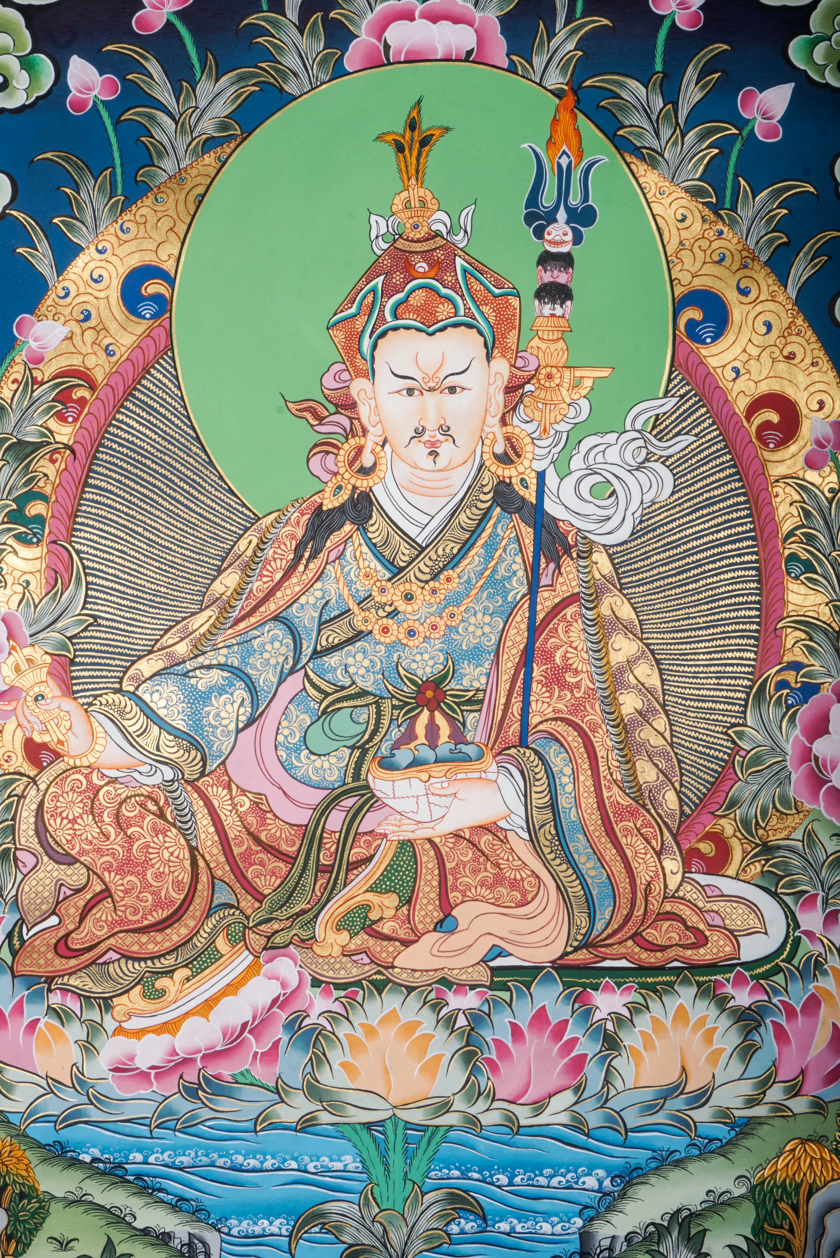The Guru Thangka Painting is a genuine Tibetan thangka that honors Guru Rinpoche, the enlightened master of Vajrayana Buddhism. Hand-painted using natural pigments, it radiates spiritual wisdom and is revered for its blessings of protection, guidance, and transformation.