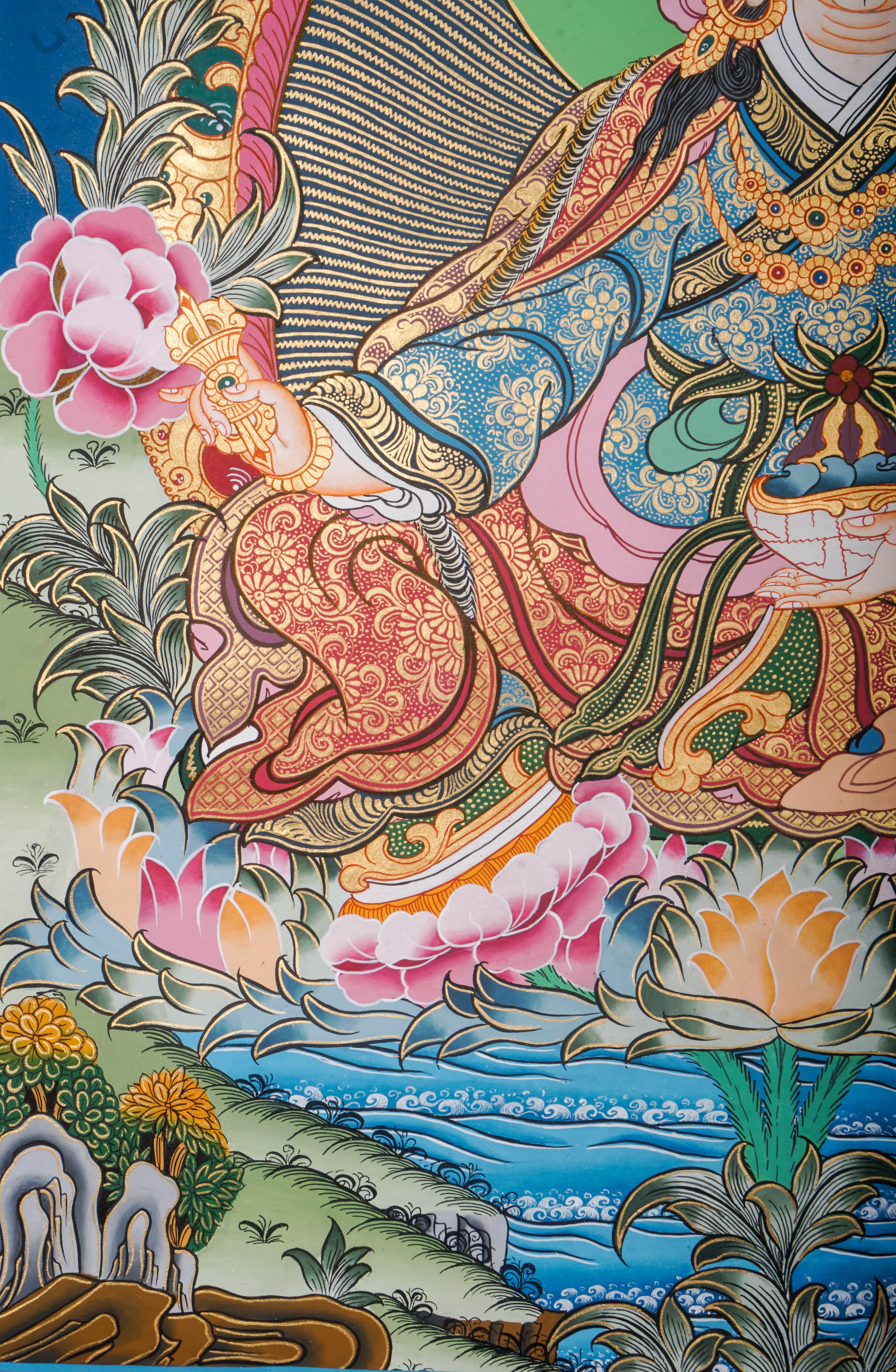 The Guru Thangka Painting is a genuine Tibetan thangka that honors Guru Rinpoche, the enlightened master of Vajrayana Buddhism. Hand-painted using natural pigments, it radiates spiritual wisdom and is revered for its blessings of protection, guidance, and transformation.