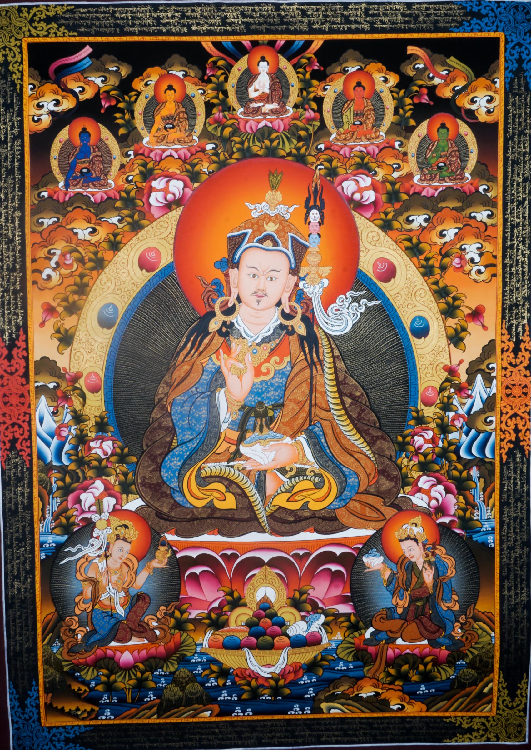 A Guru in Tibetan Buddhism is a revered spiritual teacher who guides practitioners on the path to enlightenment. The Guru Thangka Painting, crafted with natural pigments and gold leaf, vividly captures the Guru’s sacred presence and serves as a powerful focus for meditation, bringing wisdom, blessings, and inspiration into your space.