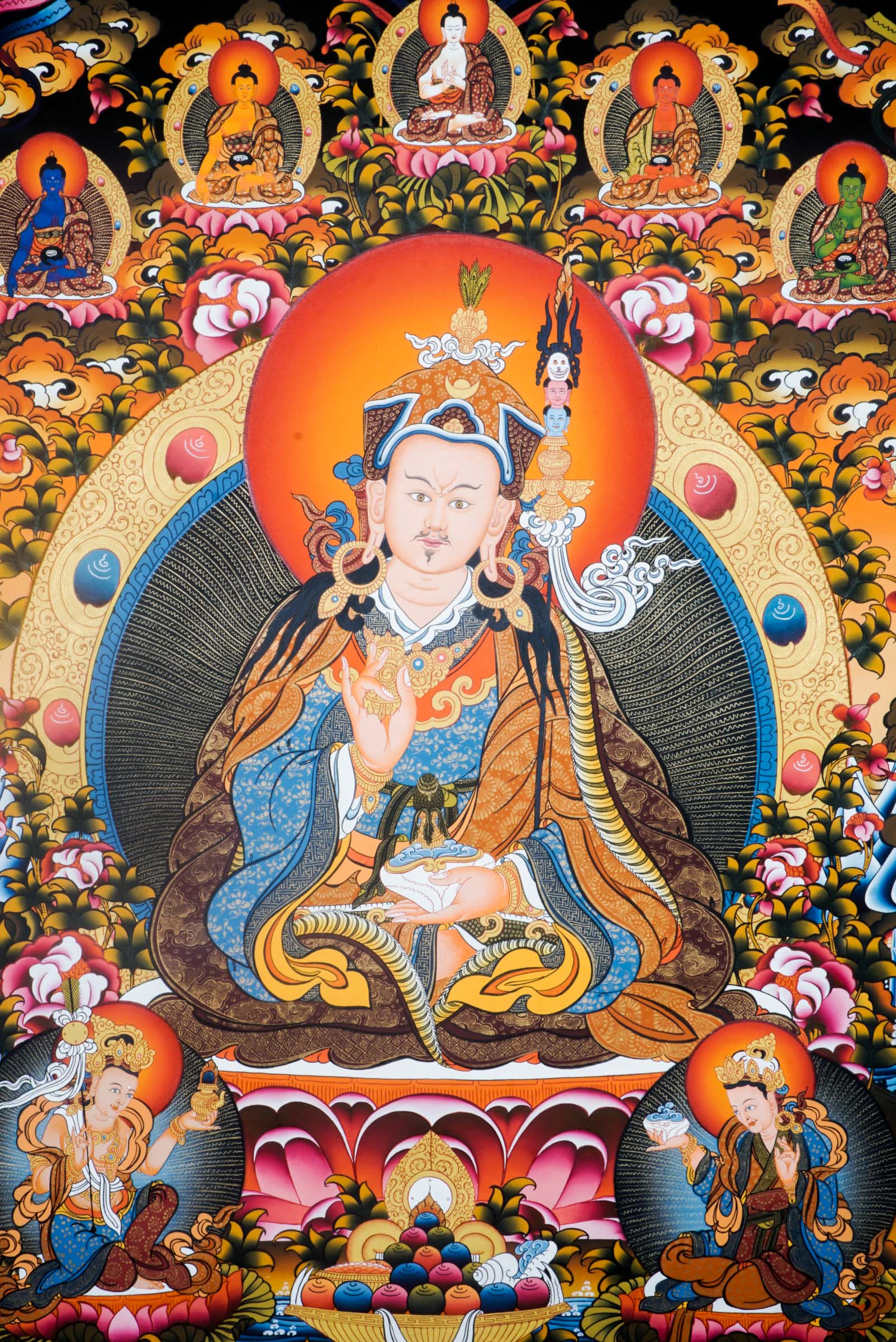 A Guru in Tibetan Buddhism high quality Art with Mantra blessing surrounded for spiritual energy and Pancha Buddha at top.