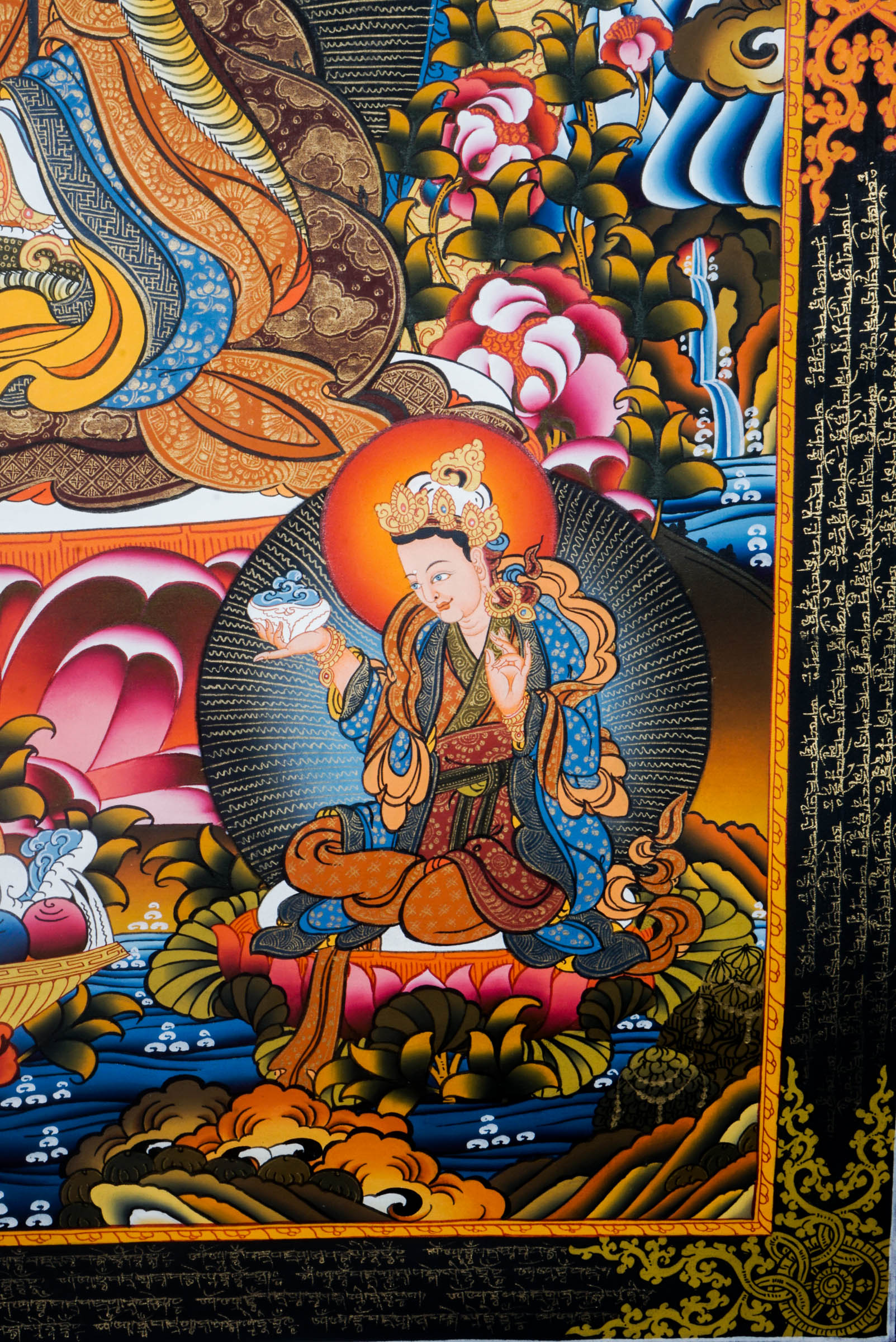 A Guru in Tibetan Buddhism high quality Art with Mantra blessing surrounded for spiritual energy and Pancha Buddha at top.