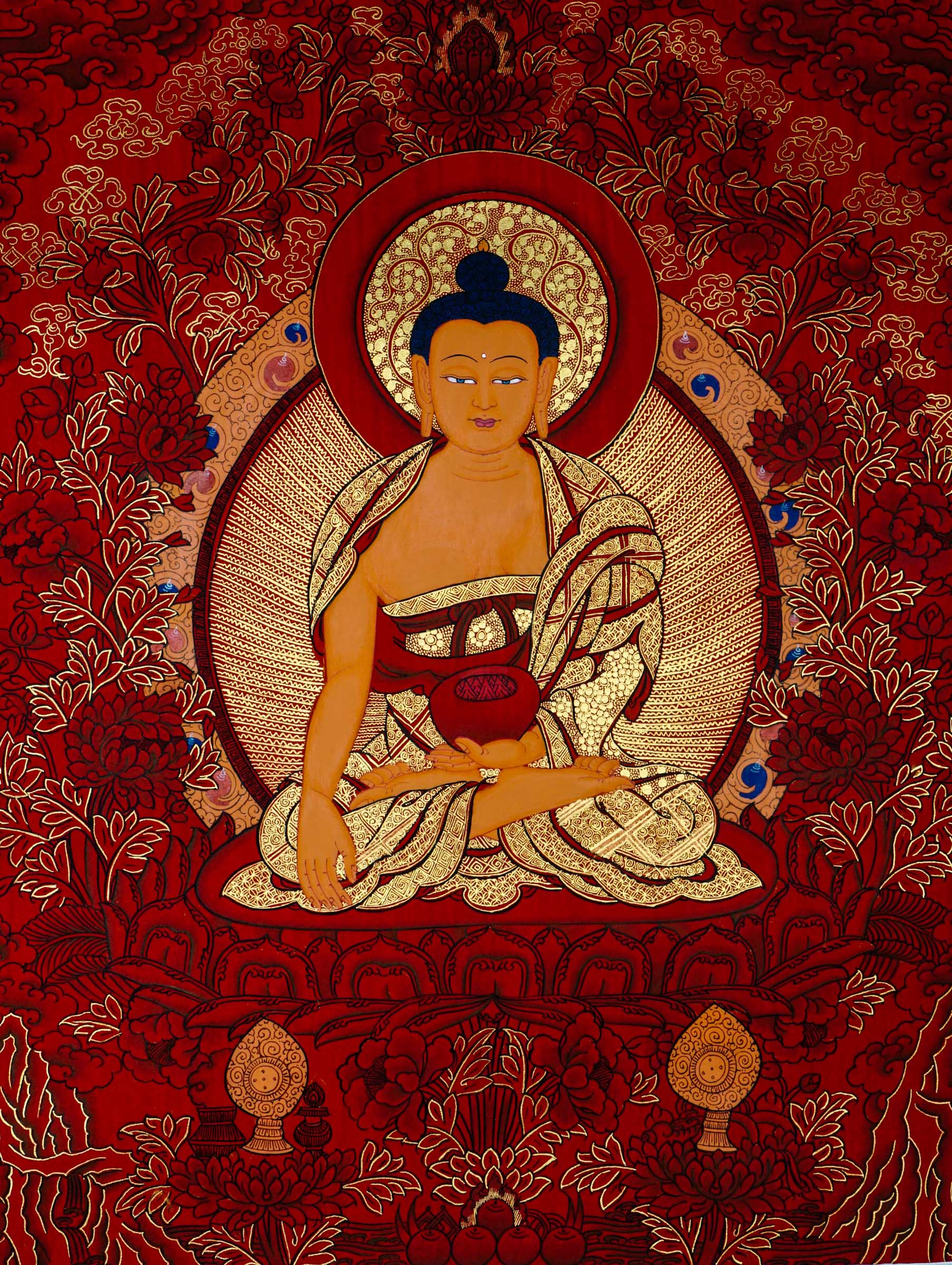 Hand-painted Shakyamuni Buddha Thangka depicting Buddha in meditation on a lotus throne.