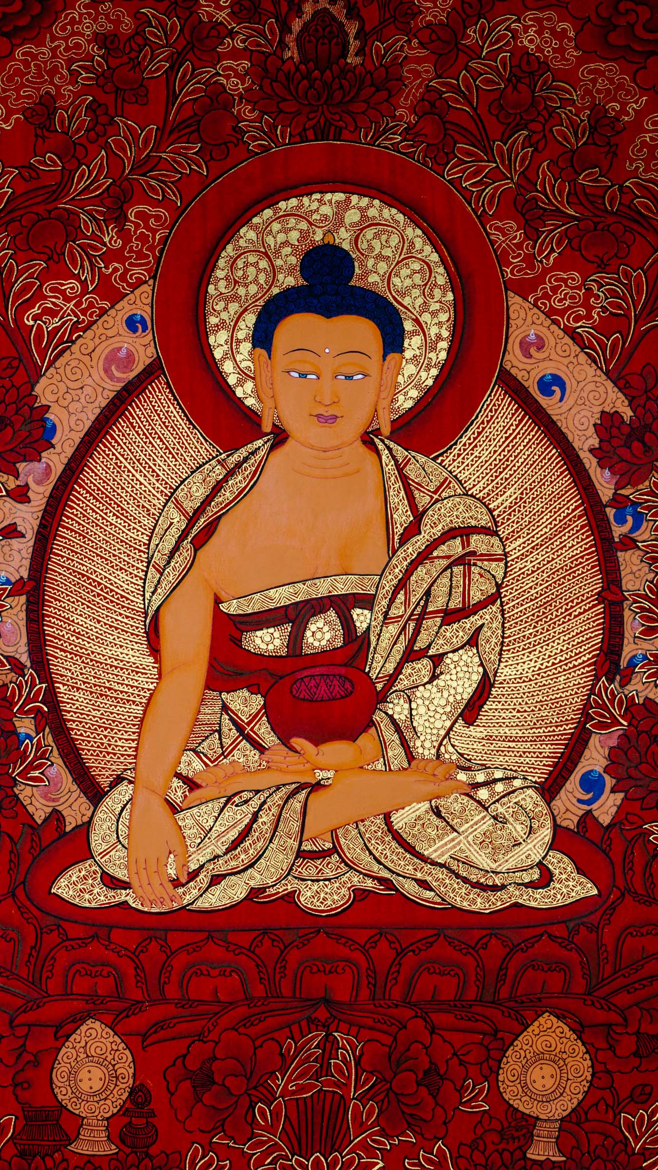 Hand-painted Shakyamuni Buddha Thangka depicting Buddha in meditation on a lotus throne.