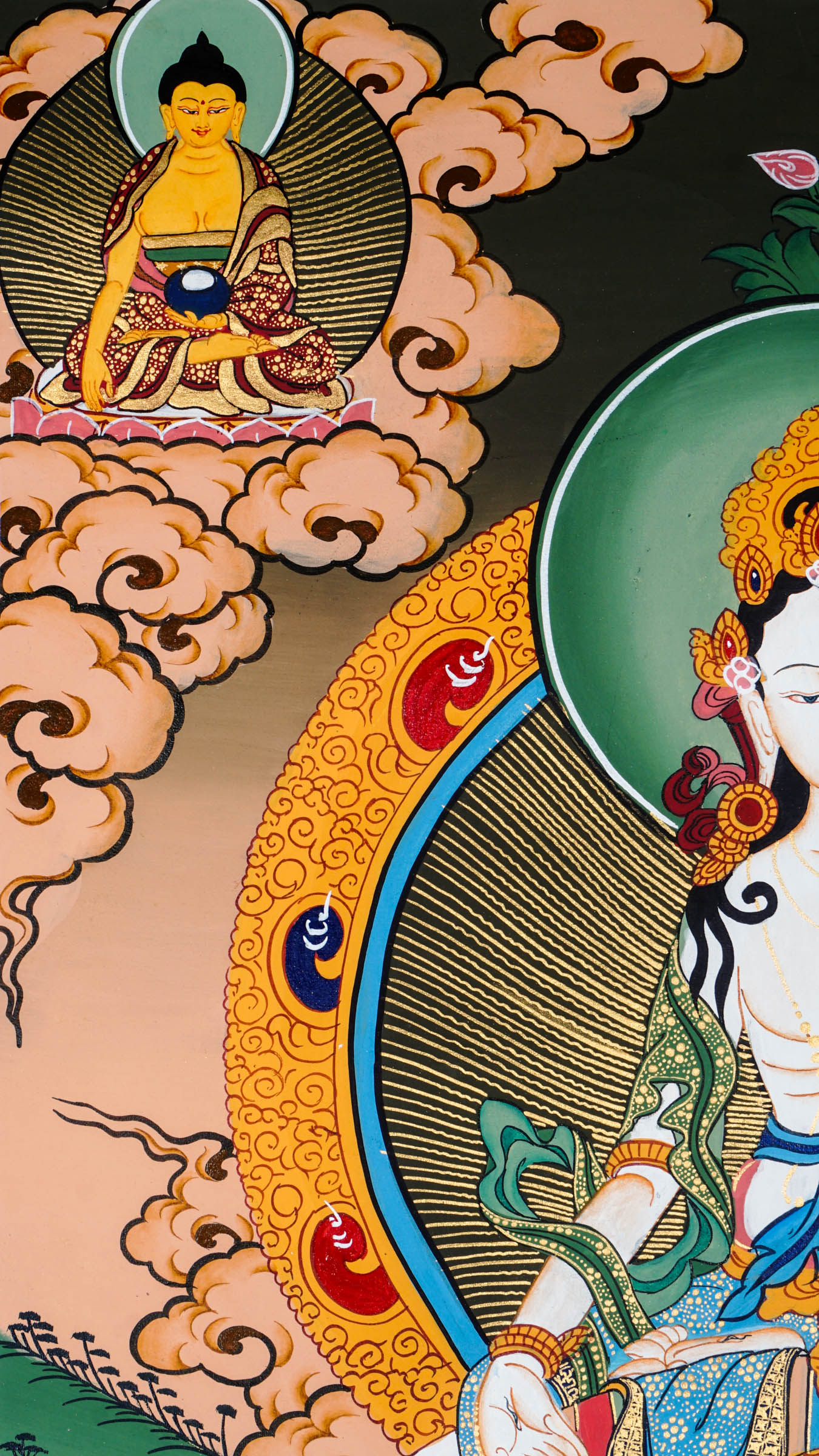 Beautiful artwork of White Tara Thangka representing bodhisattva of compassion.