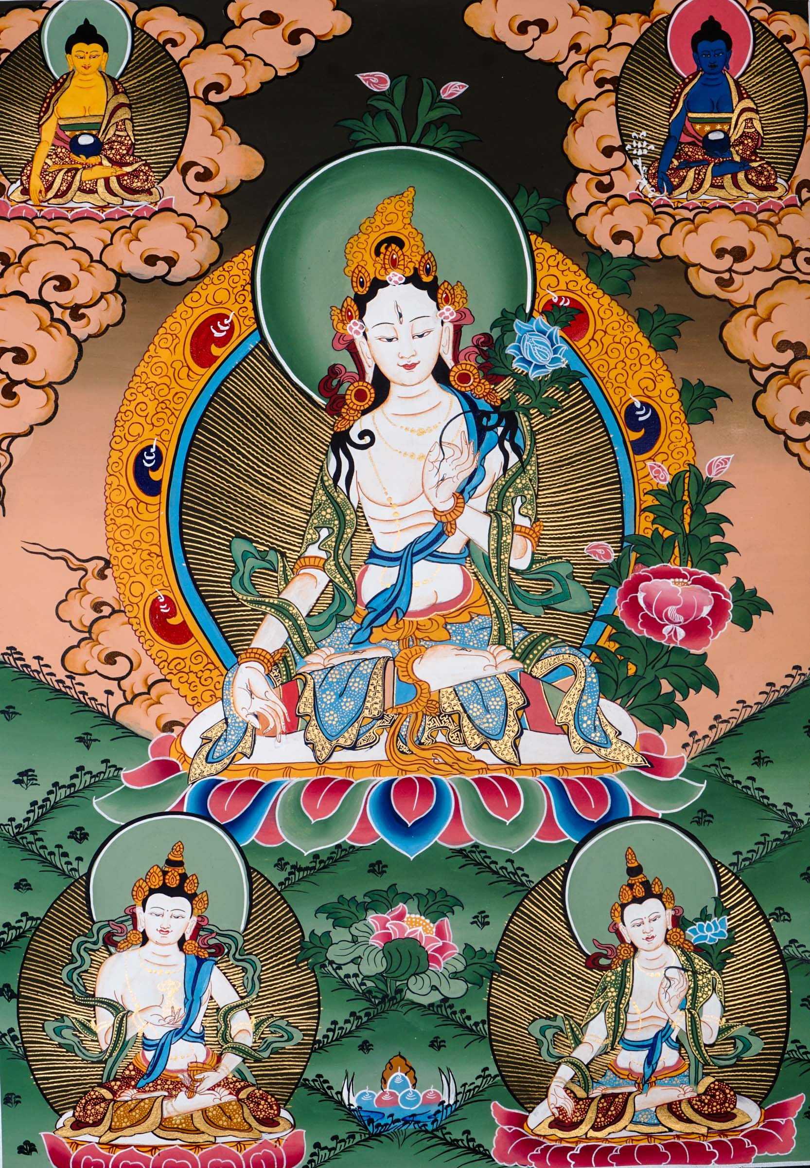 Beautiful artwork of White Tara Thangka representing bodhisattva of compassion.