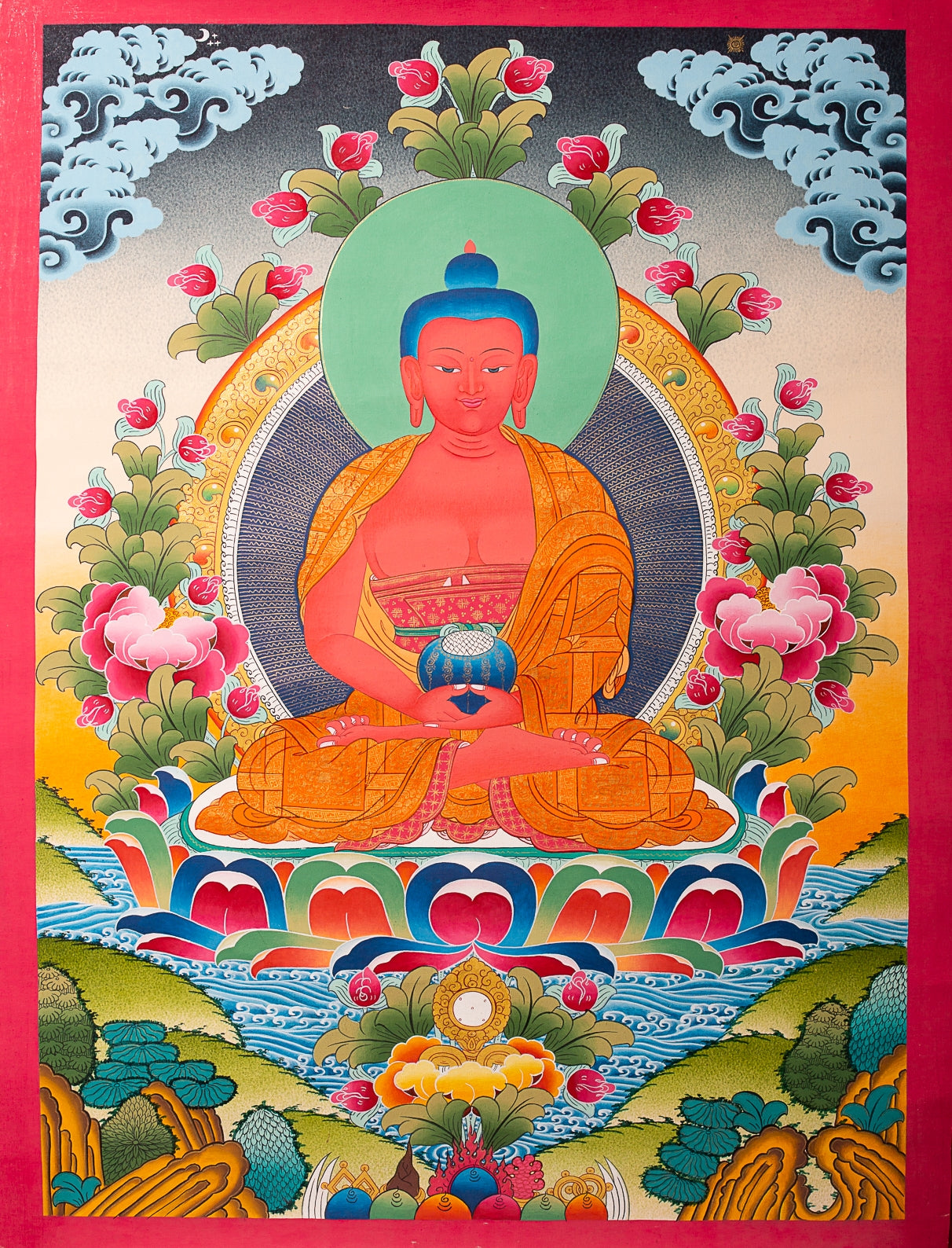 This handcrafted Amitabha Buddha Tibetan Thangka captures the serene essence of the Buddha of Infinite Light and Life, revered in Pure Land Buddhism. Painted with natural mineral pigments, it brings spiritual beauty and sacred energy to any meditation space or altar.