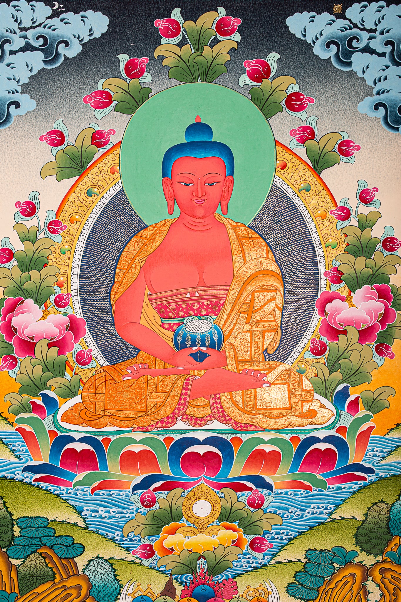 This handcrafted Amitabha Buddha Tibetan Thangka captures the serene essence of the Buddha of Infinite Light and Life, revered in Pure Land Buddhism. Painted with natural mineral pigments, it brings spiritual beauty and sacred energy to any meditation space or altar.