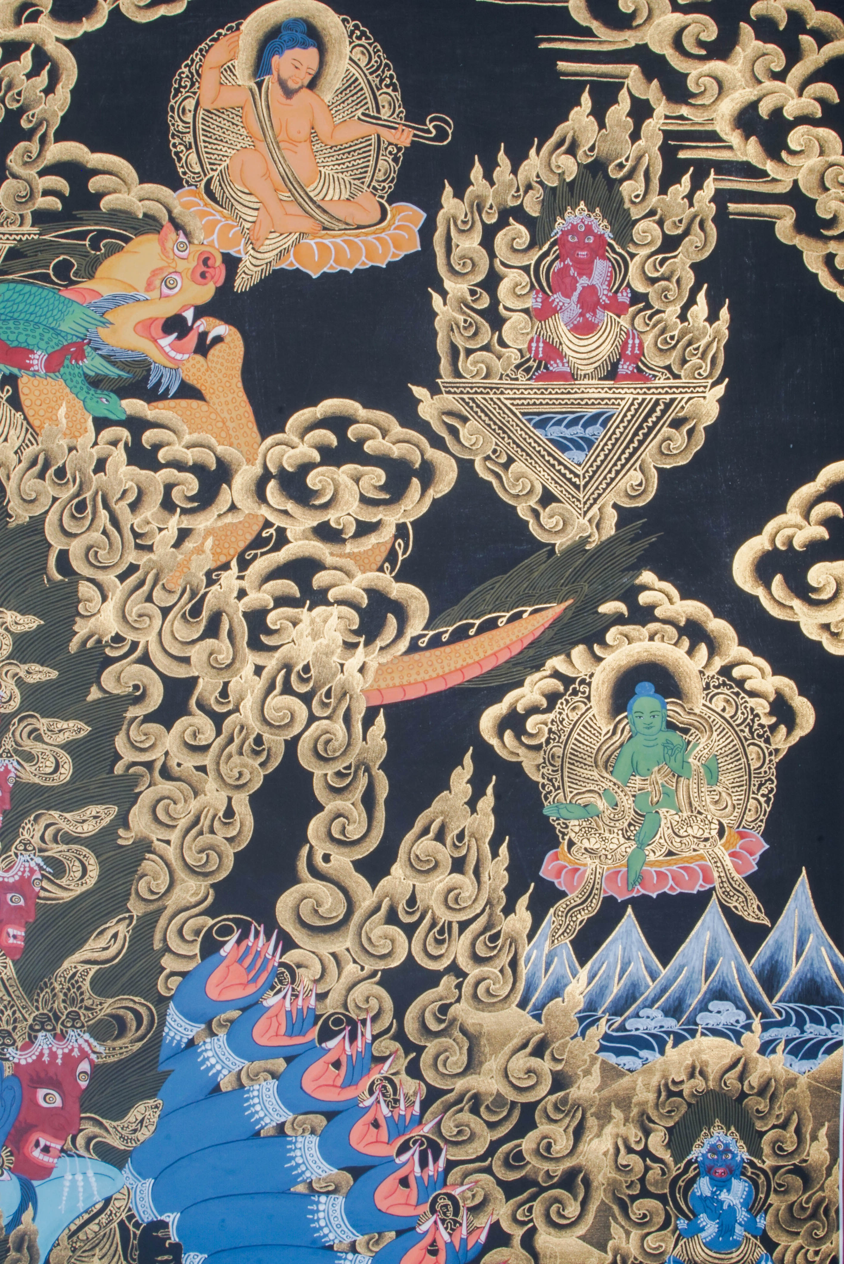 This genuine Heruka Thangka, hand-painted with natural mineral pigments, captures the wrathful deity’s fierce compassion and transformative power. A sacred tool for spiritual practice, it offers protection, removes obstacles, and inspires the journey toward enlightenment.