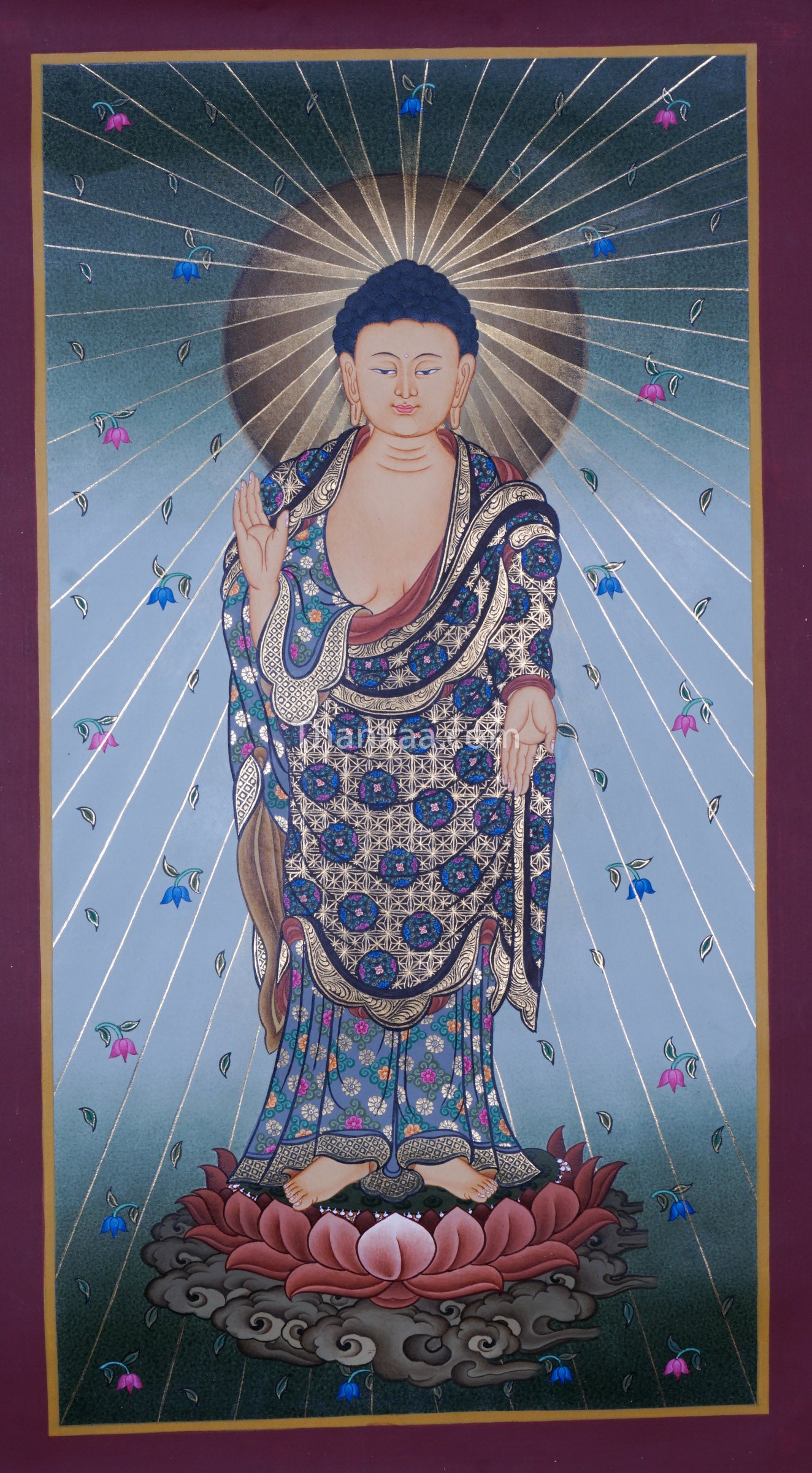 This Japanese Amida Buddha Thangka, crafted by skilled Nepalese artisans with natural pigments, captures Amida’s infinite compassion and divine grace. Ideal for meditation, this genuine Tibetan thangka brings peace and spiritual light to any sacred space.