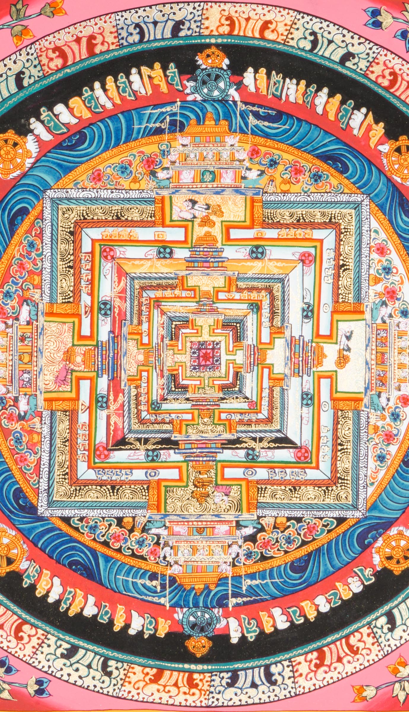 Tibetan Kalachakra Mandala Thangka painted with mineral pigments on cotton, depicting Buddhist cosmology and meditation teachings. Used for meditation practice and religious study in Tibetan Buddhism.