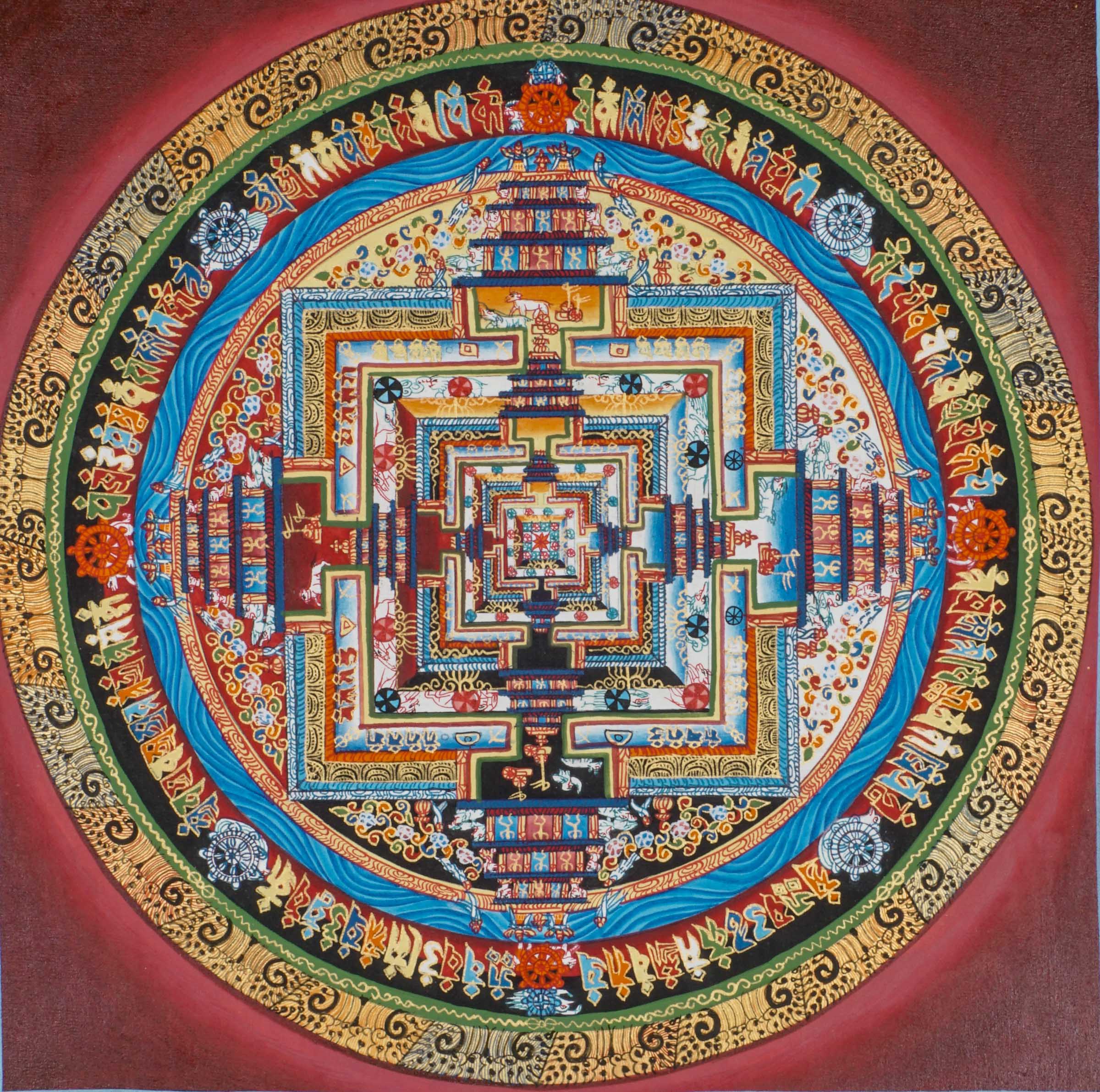 Kalachakra Mandala Thangka is a sacred Tibetan Buddhist painting symbolizing the Wheel of Time, handcrafted with natural pigments to support deep meditation, harmony, and spiritual growth. Its intricate geometric patterns and cosmic symbolism make it a powerful tool for mindfulness and an inspiring centerpiece for any spiritual space.