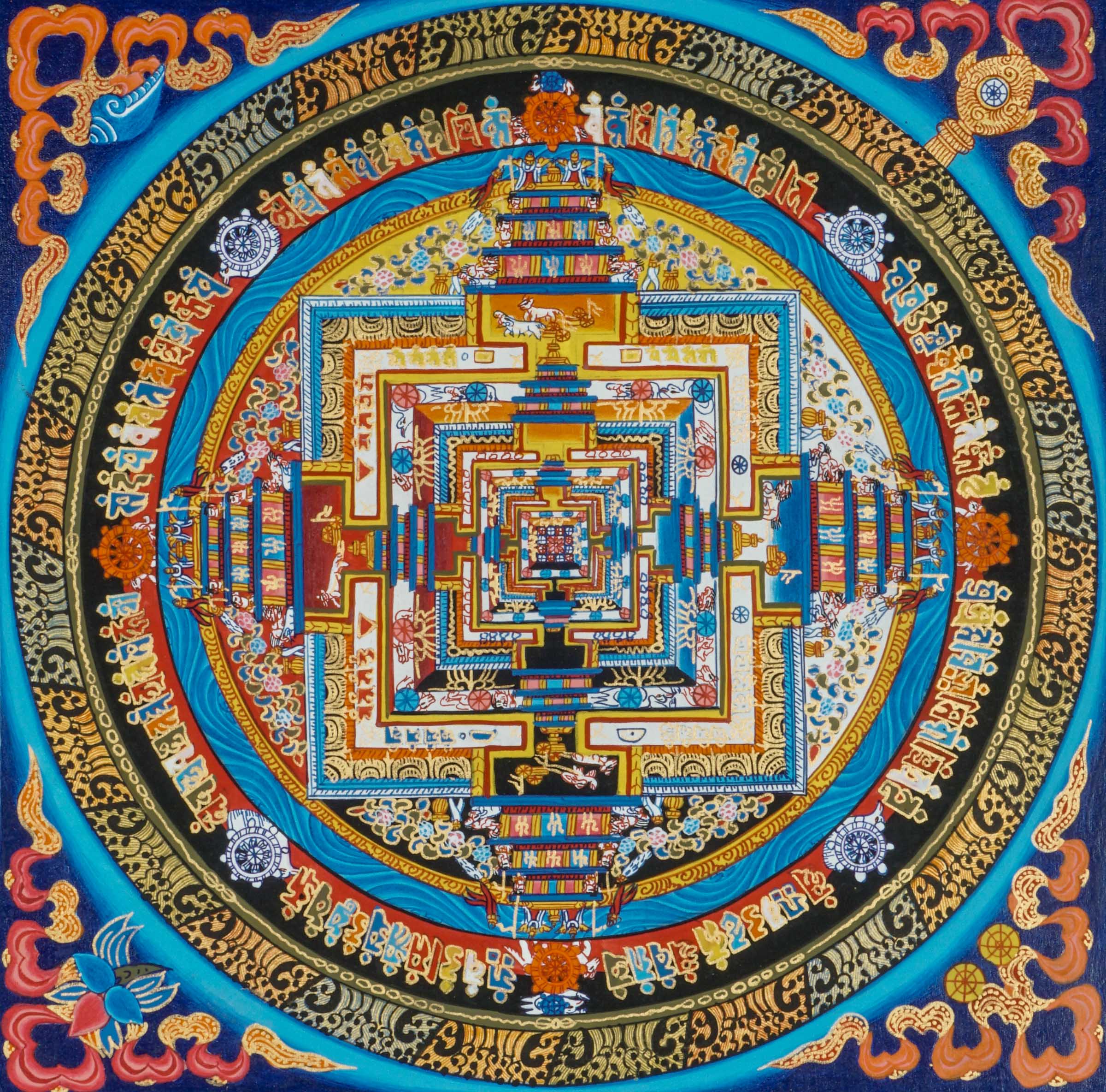 Kalachakra Mandala Thangka is a painstakingly created painting that represents Tibetan Buddhism's profound principles. &nbsp;It beautifully portrays the concept of the "Wheel of Time," which reflects the balance of wisdom and compassion, as well as the cyclical nature of time and the path to enlightenment.