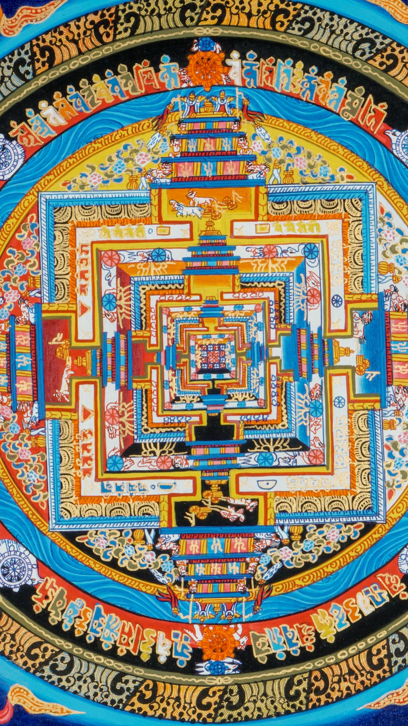 Kalachakra Mandala Thangka is a painstakingly created painting that represents Tibetan Buddhism's profound principles. &nbsp;It beautifully portrays the concept of the "Wheel of Time," which reflects the balance of wisdom and compassion, as well as the cyclical nature of time and the path to enlightenment.