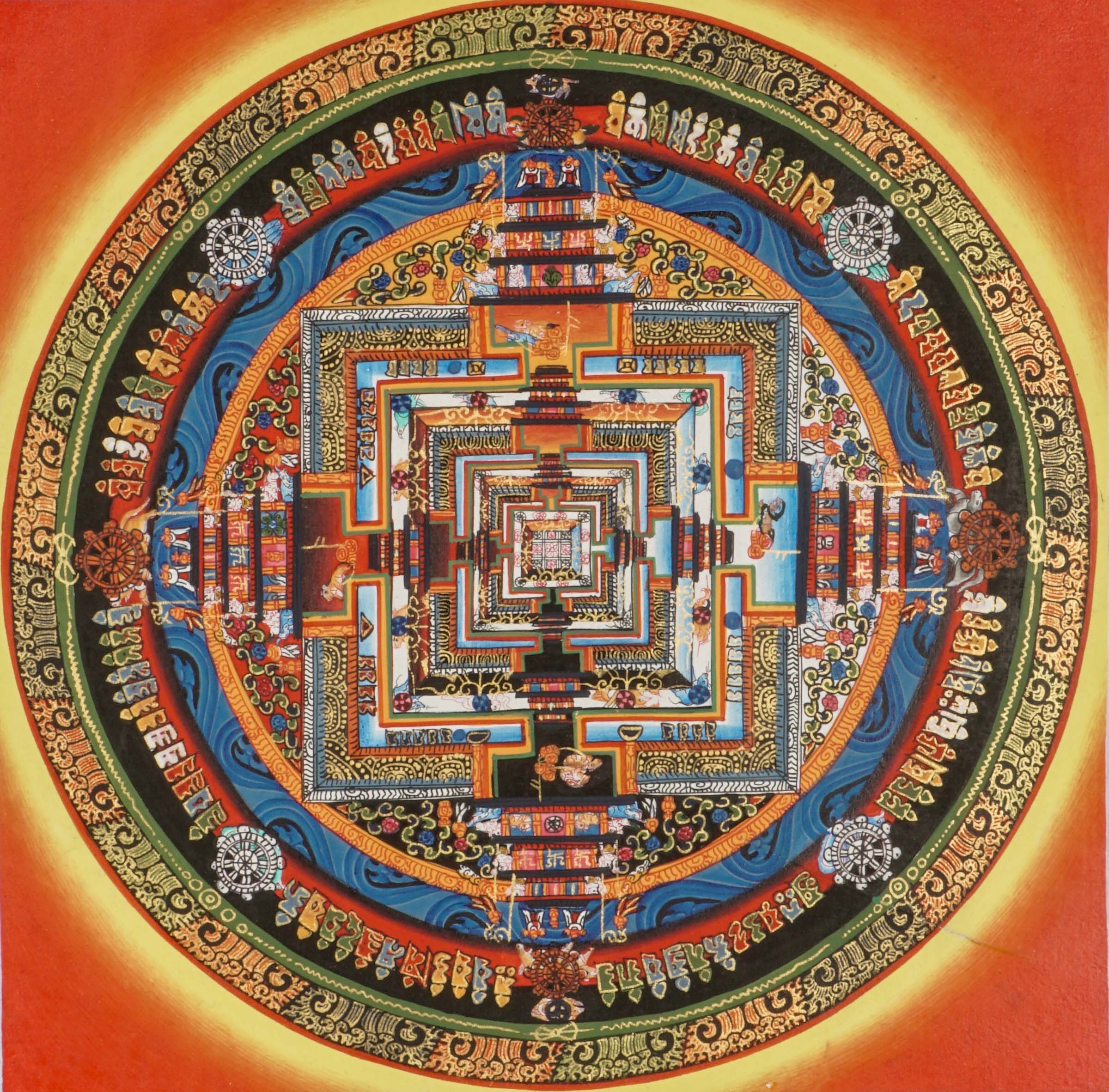 Kalachakra Mandala Thangka showcasing intricate geometric patterns and vibrant colors, symbolizing Tibetan Buddhist teachings on time, cosmology, and meditation, handcrafted in traditional style to enhance mindfulness and sacred space. 