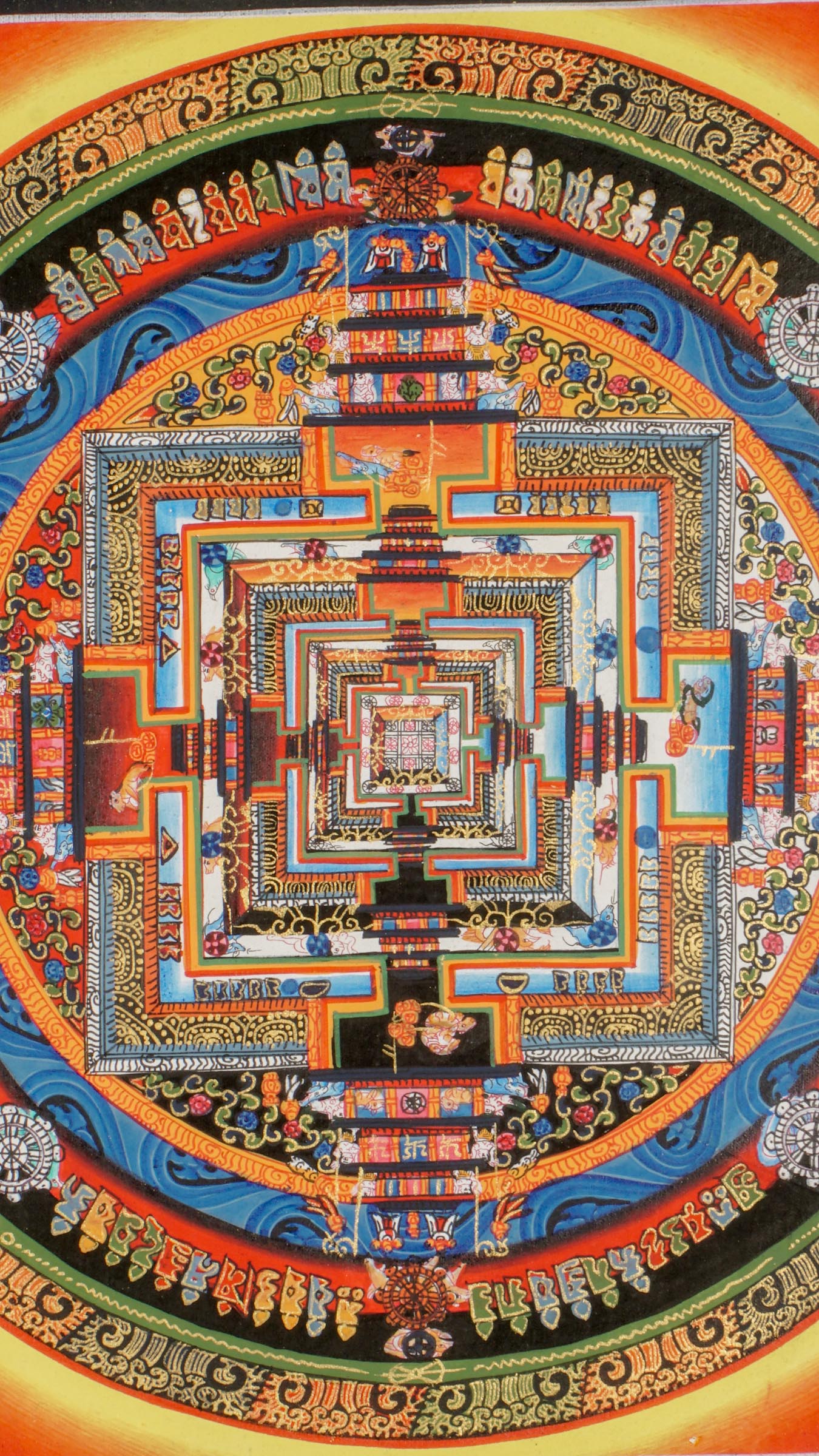 Kalachakra Mandala Thangka showcasing intricate geometric patterns and vibrant colors, symbolizing Tibetan Buddhist teachings on time, cosmology, and meditation, handcrafted in traditional style to enhance mindfulness and sacred space.