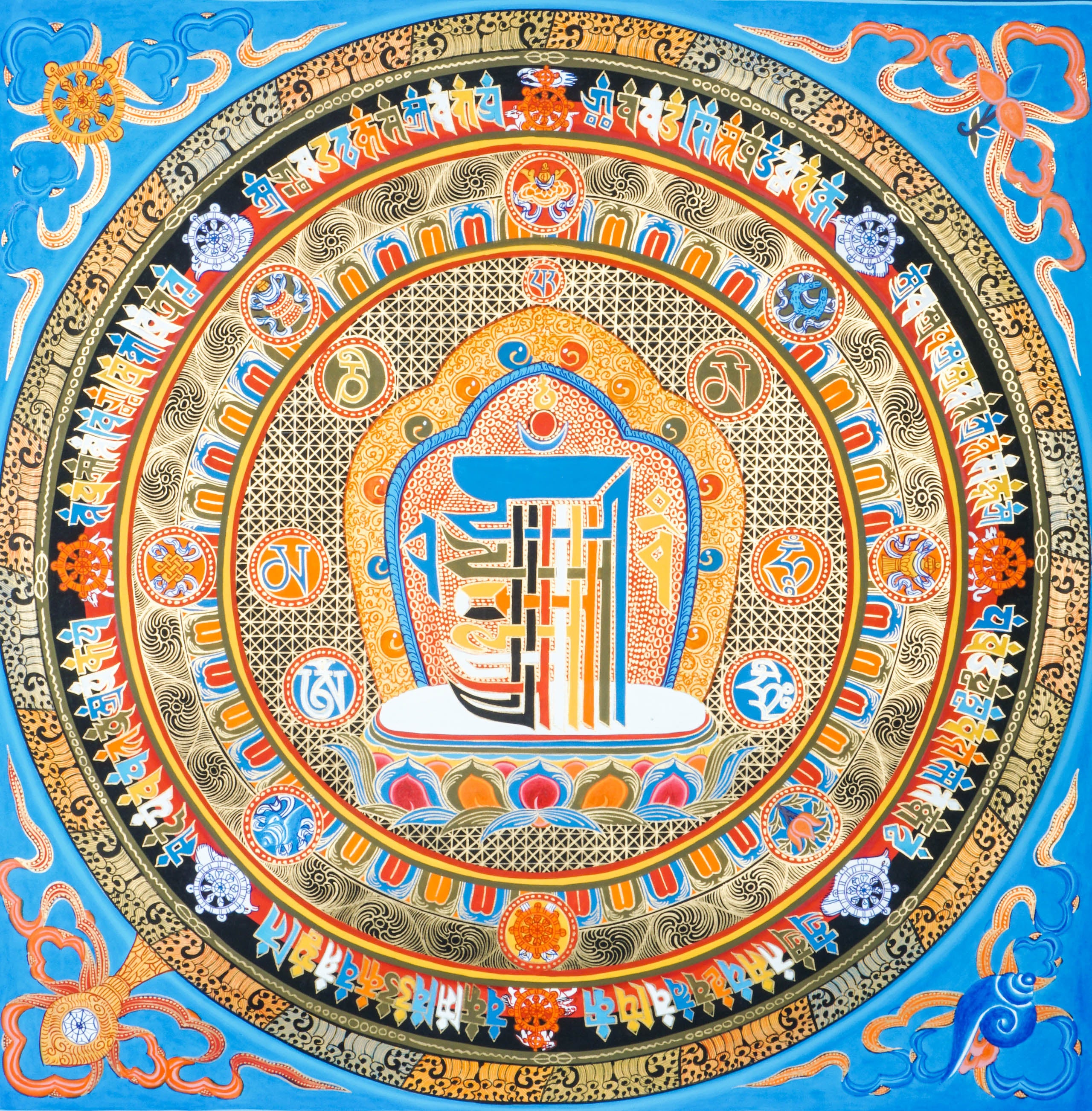 A sacred symbol in Tibetan Buddhism, the Kalachakra Mandala represents time, space, and the path to enlightenment. Hand-painted with natural pigments, this mandala painting supports deep meditation, balance, and spiritual awakening. 
