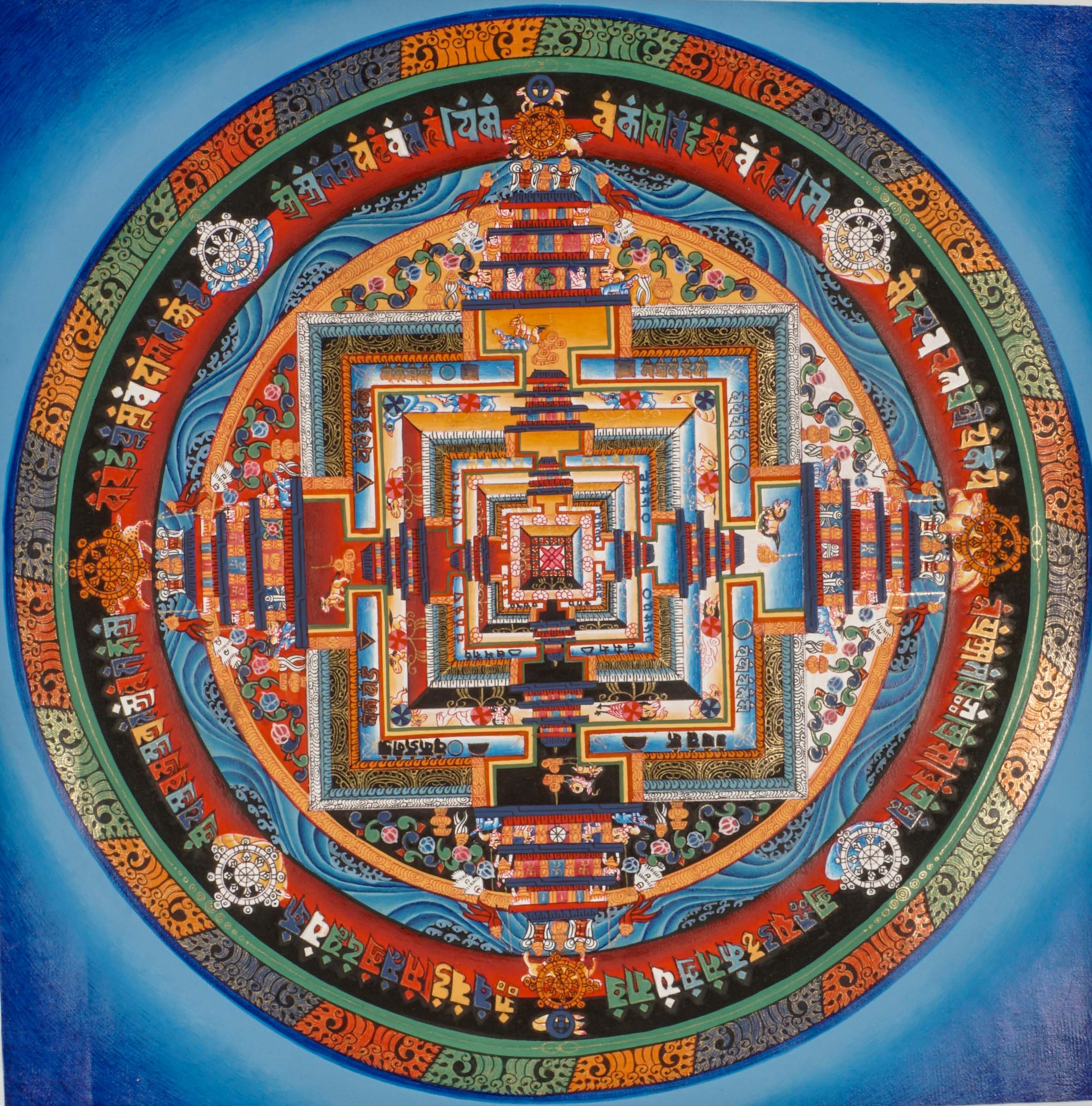 Kalachakra Mandala Thangka featuring intricate geometric patterns and vibrant colors, symbolizing Buddhist teachings on time, meditation, and cosmic balance, handcrafted in traditional Tibetan style for mindfulness and spiritual awakening.