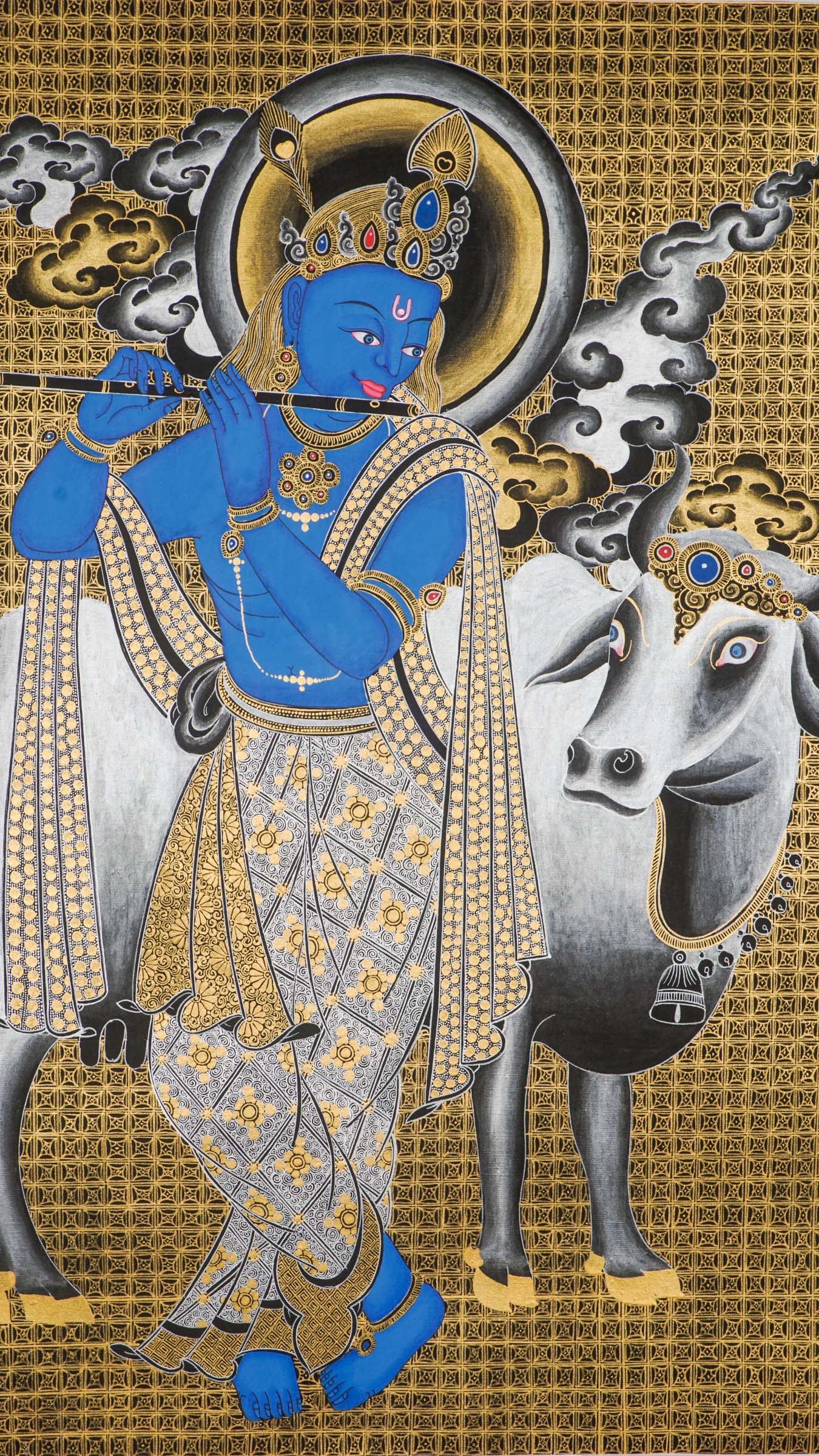 Krishna Thangka depicting flute-playing god with cows in vibrant colors.