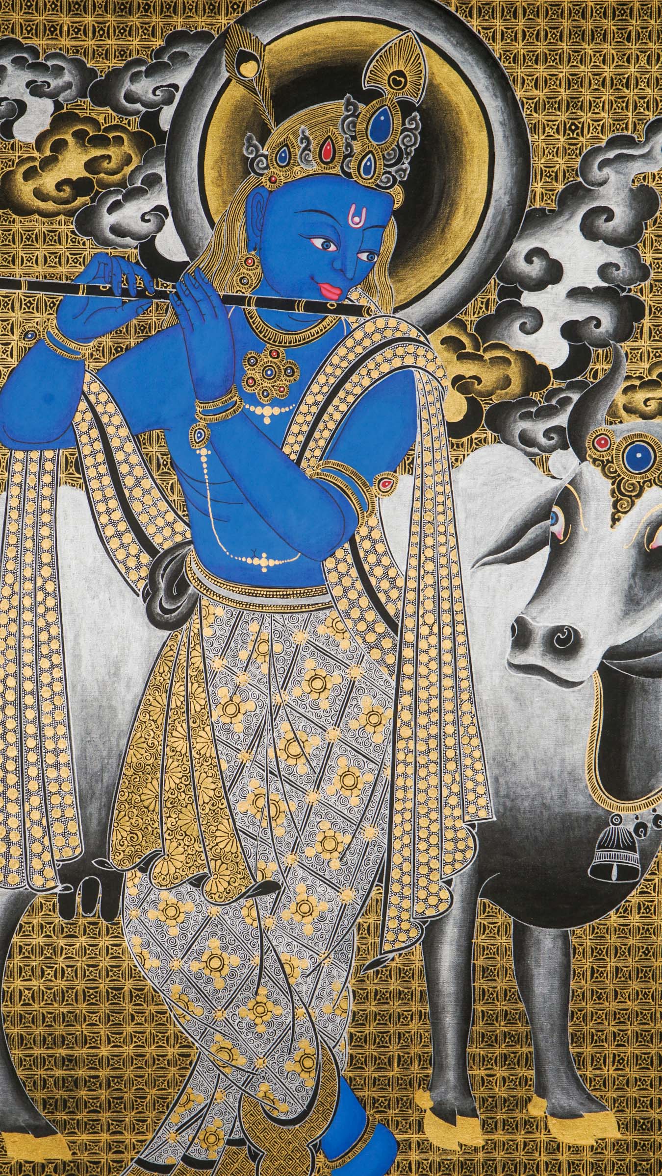 Krishna Thangka depicting flute-playing god with cows in vibrant colors.