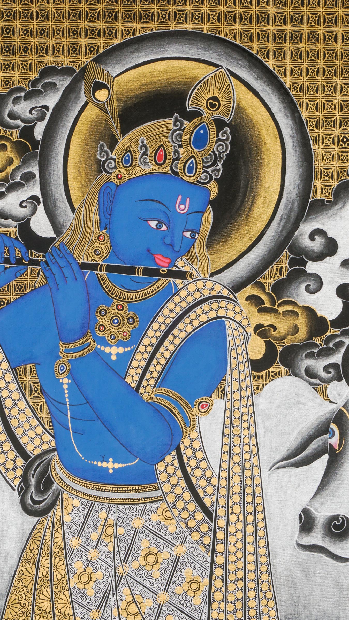 Krishna Thangka depicting flute-playing god with cows in vibrant colors.