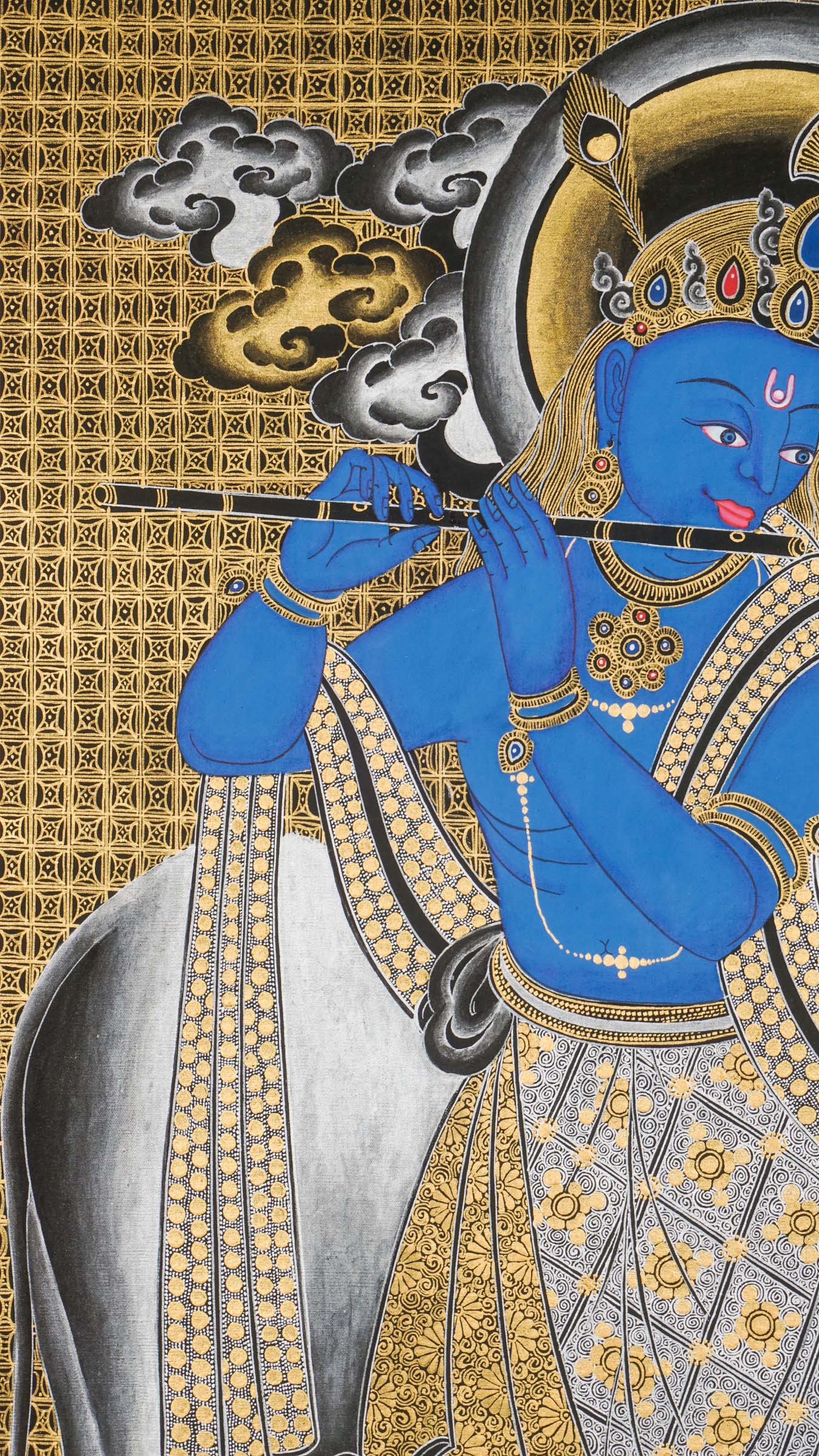 Krishna Thangka depicting flute-playing god with cows in vibrant colors.