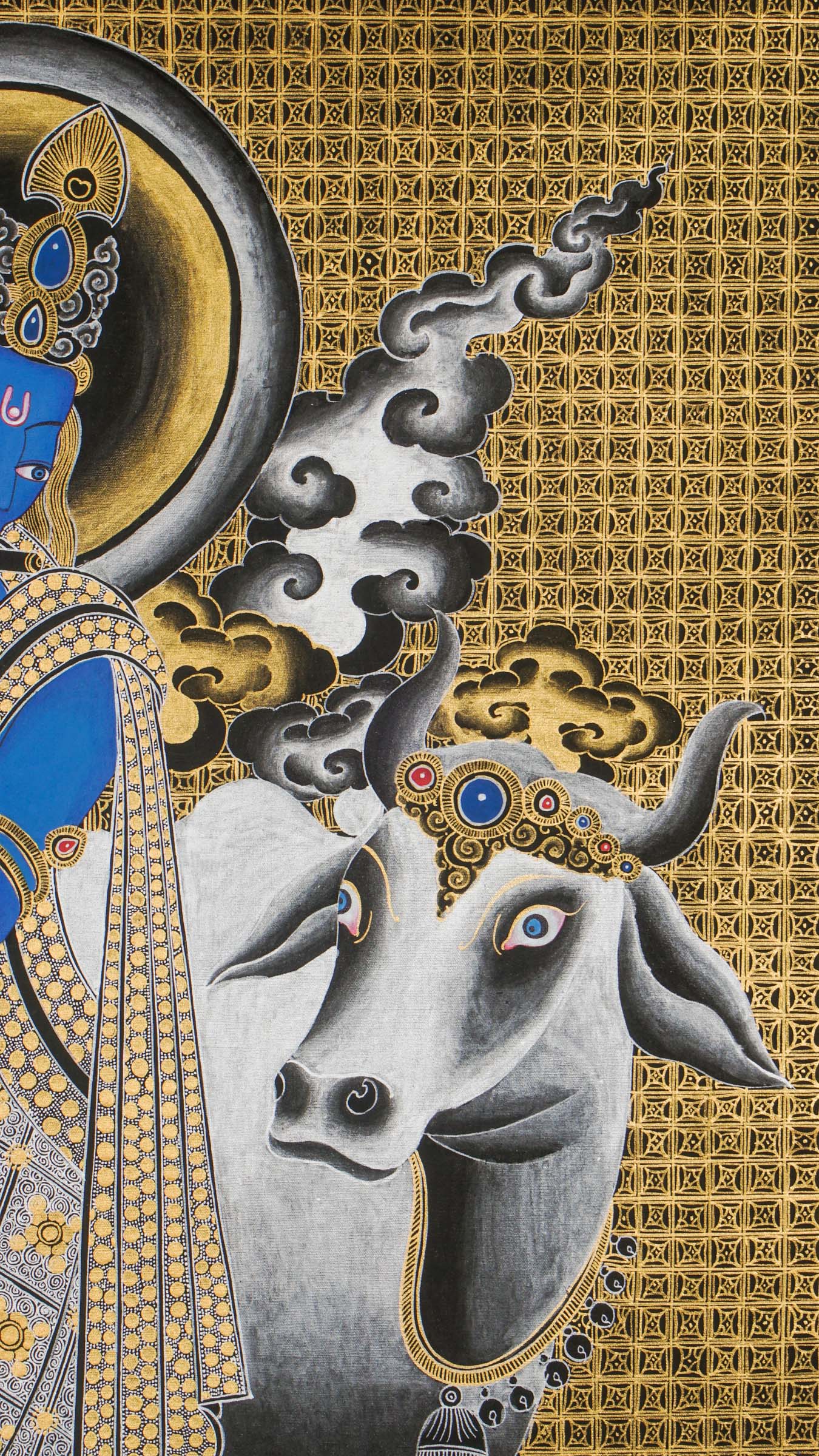 Krishna Thangka depicting flute-playing god with cows in vibrant colors.