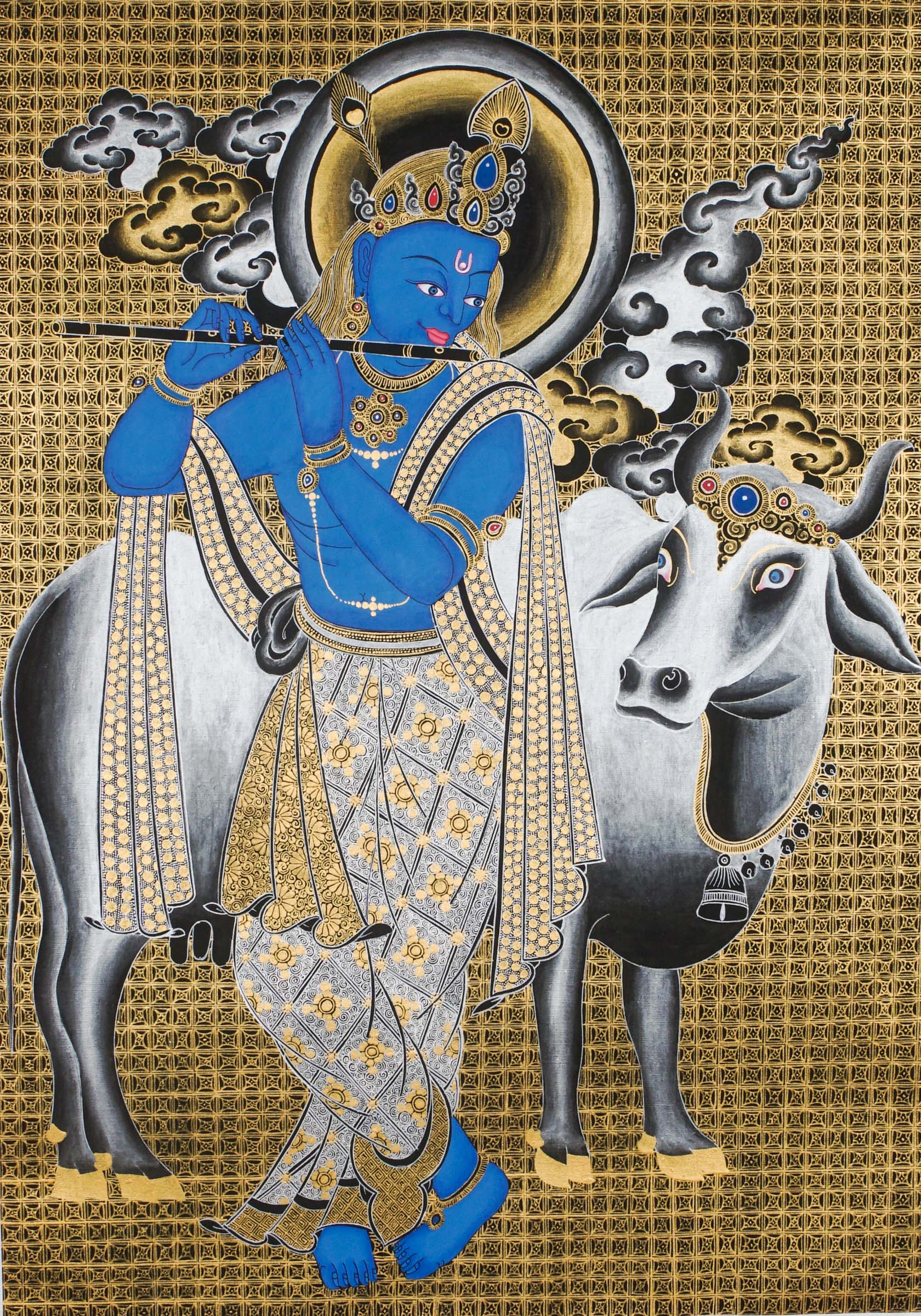 Krishna Thangka depicting flute-playing god with cows in vibrant colors.