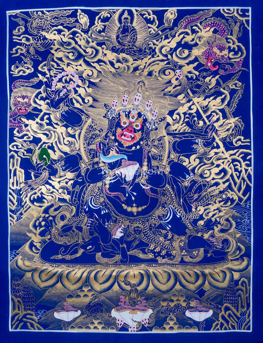 6 Hand Mahakala is a Tibetan Buddhist deity, representing a strong form of compassionate energy. Thangka painting for Wall Hanging