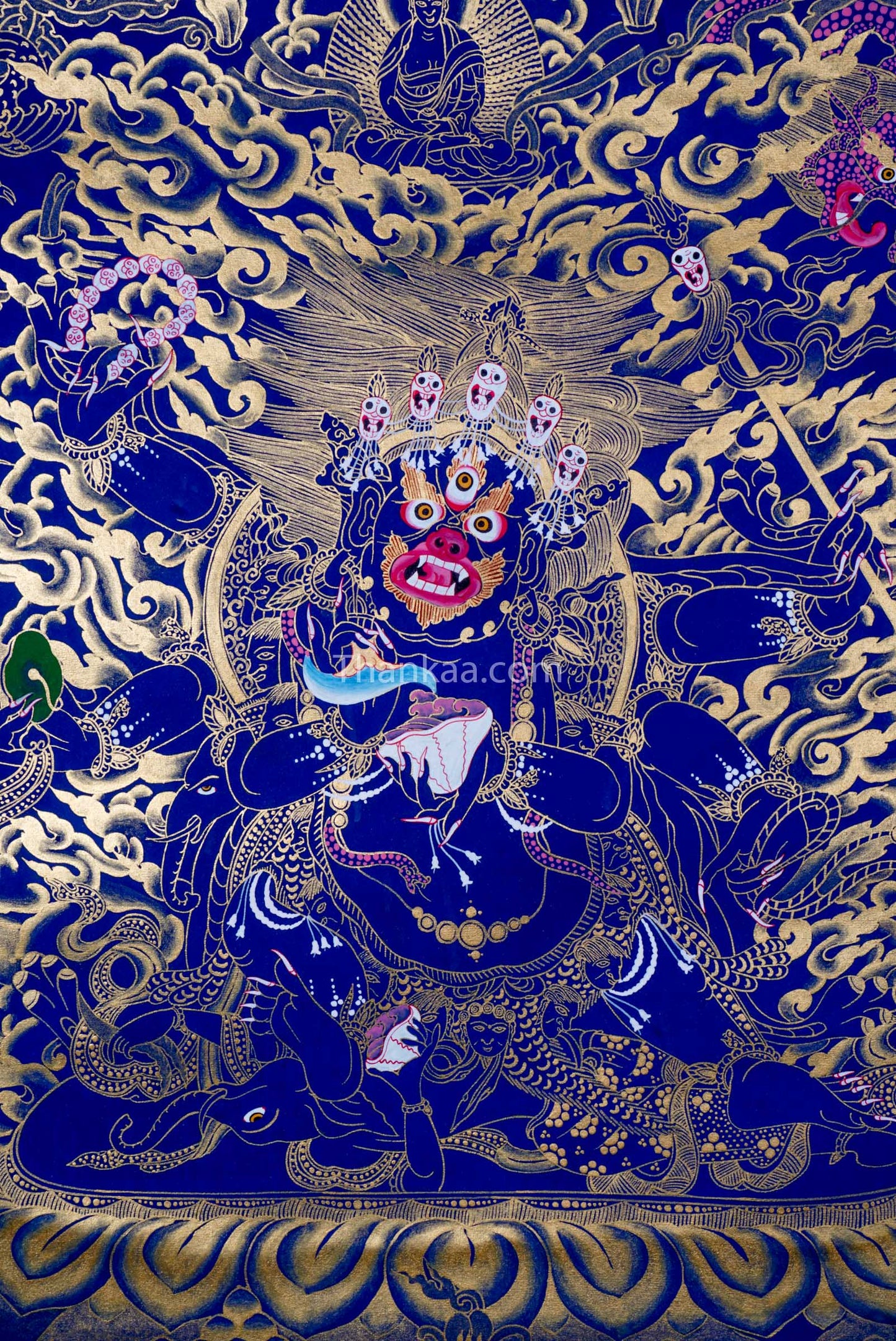 6 Hand Mahakala is a Tibetan Buddhist deity, representing a strong form of compassionate energy. Thangka painting for Wall Hanging