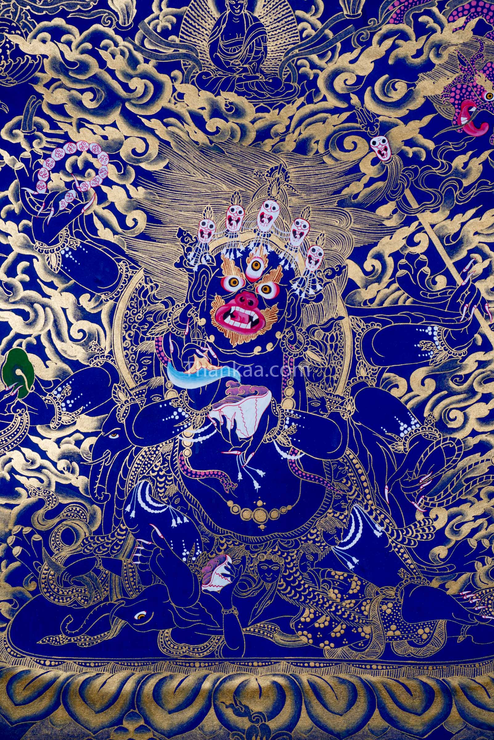 6 Hand Mahakala is a Tibetan Buddhist deity, representing a strong form of compassionate energy. Thangka painting for Wall Hanging