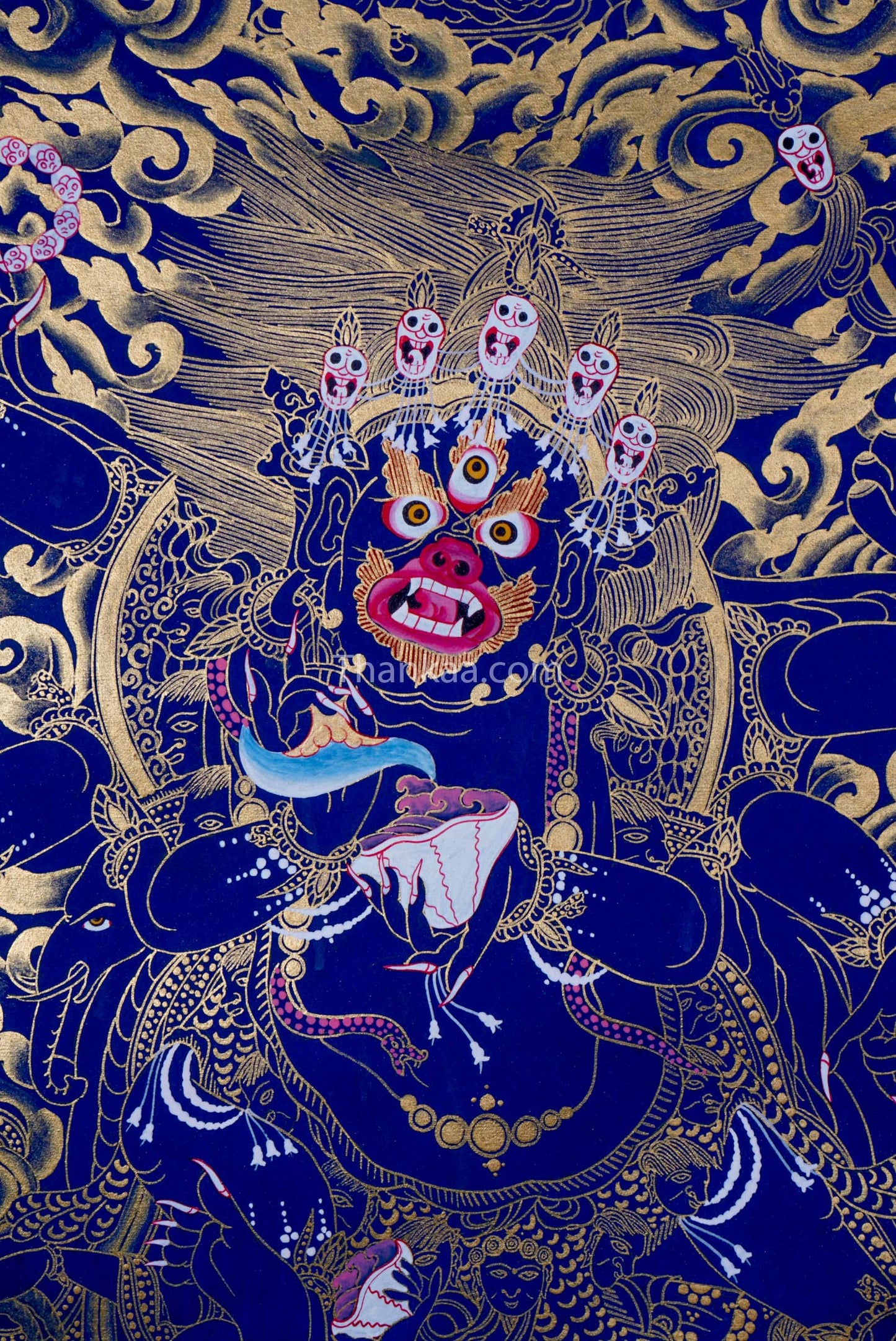 6 Hand Mahakala is a Tibetan Buddhist deity, representing a strong form of compassionate energy. Thangka painting for Wall Hanging