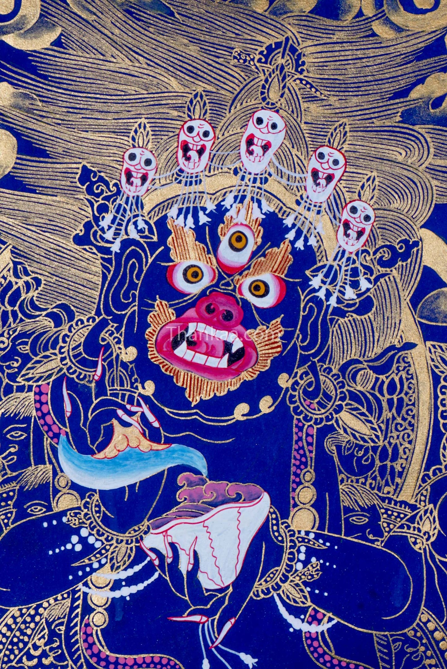 6 Hand Mahakala is a Tibetan Buddhist deity, representing a strong form of compassionate energy. Thangka painting for Wall Hanging