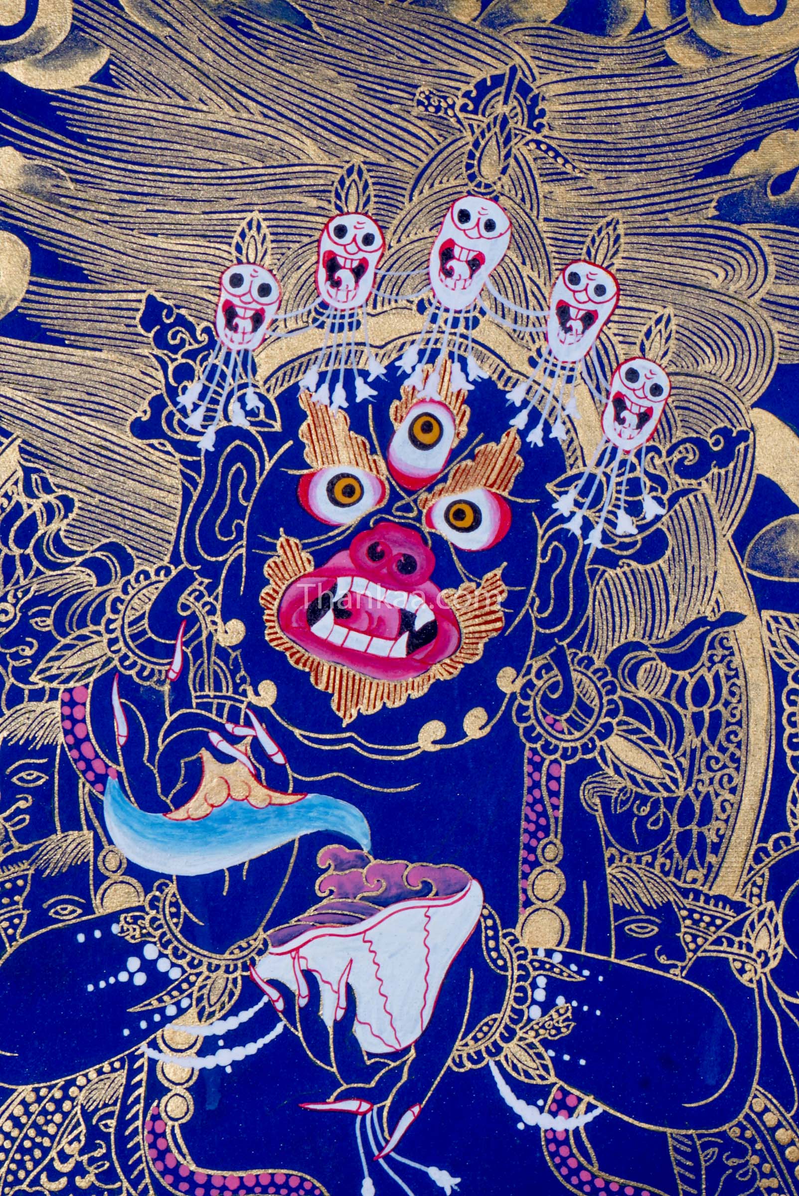 6 Hand Mahakala is a Tibetan Buddhist deity, representing a strong form of compassionate energy. Thangka painting for Wall Hanging