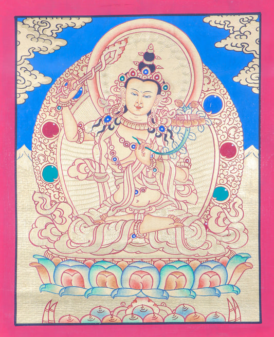 This Manjushri Thangka Painting embodies the profound wisdom and enlightenment of Manjushri,