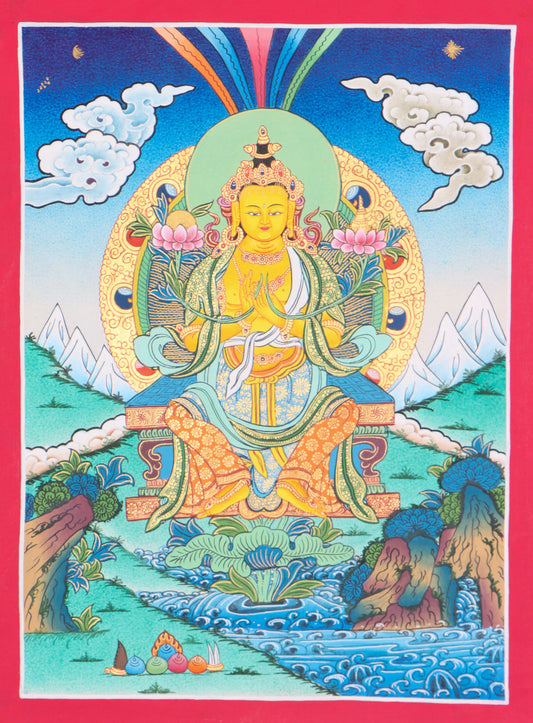 This magnificent Thangka painting of Maitreya Buddha is a spiritual artwork that enhances the spiritual ambience  in a home altar or meditation room. 