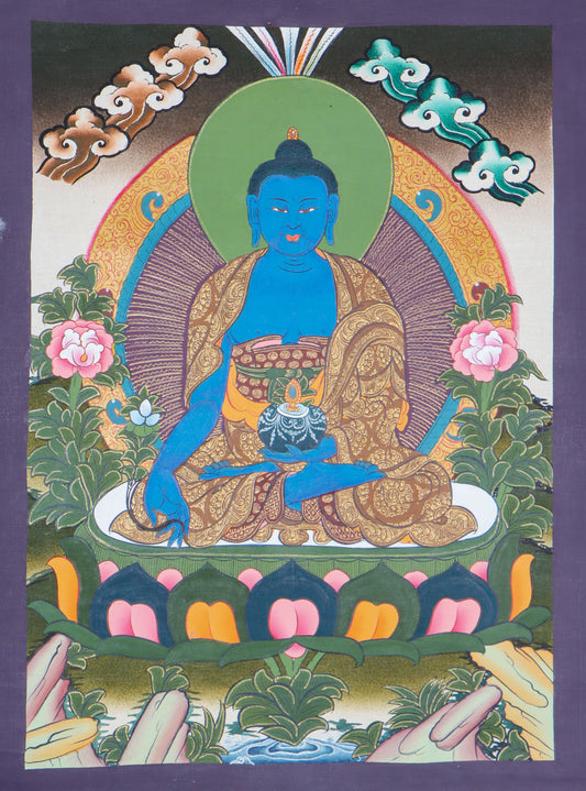 This exquisite Medicine Buddha Thangka is carefully handcrafted on high-quality cotton canvas by skilled artisans.