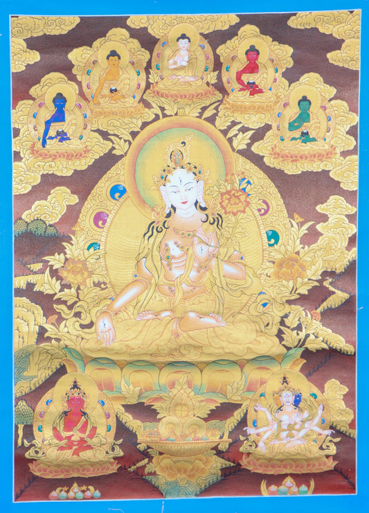 This White Tara Thangka Painting is a powerful tool for enhancing the peace and healing atmosphere in meditation rooms