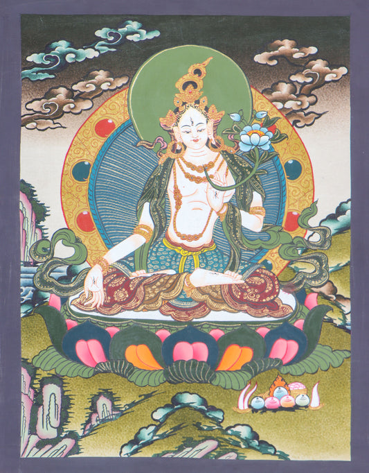 This White Tara Thangka artwork features a depiction of compassion and purity, hand-crafted by skilled Tibetan artisans