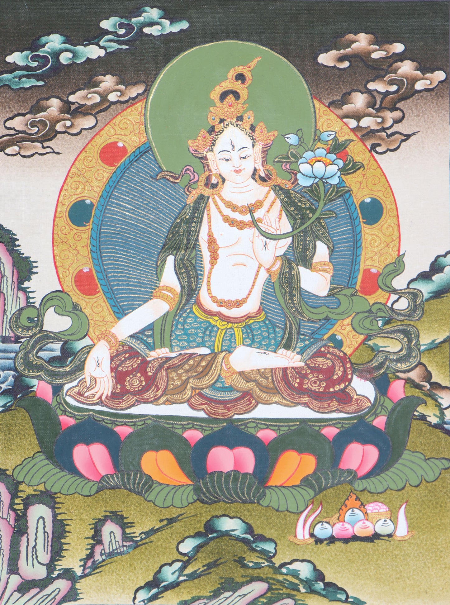 This White Tara Thangka artwork features a depiction of compassion and purity, hand-crafted by skilled Tibetan artisans