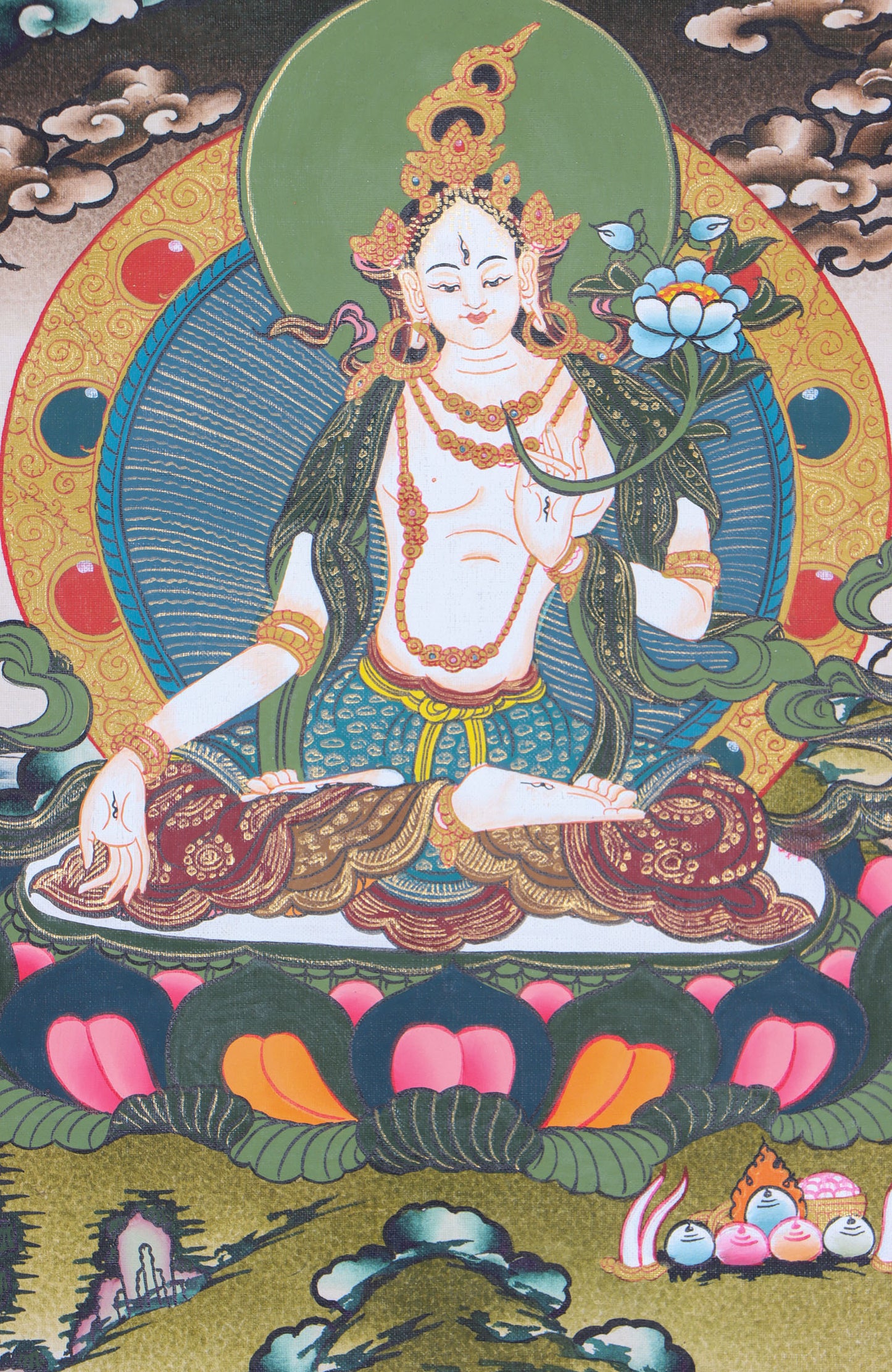 This White Tara Thangka artwork features a depiction of compassion and purity, hand-crafted by skilled Tibetan artisans